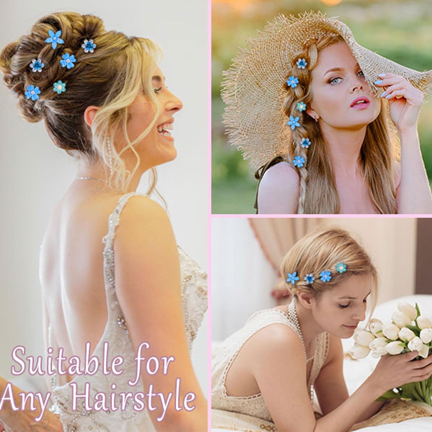 Pinces à cheveux - lot de 20 mini barrettes fleurs strass métal - 4 motifs