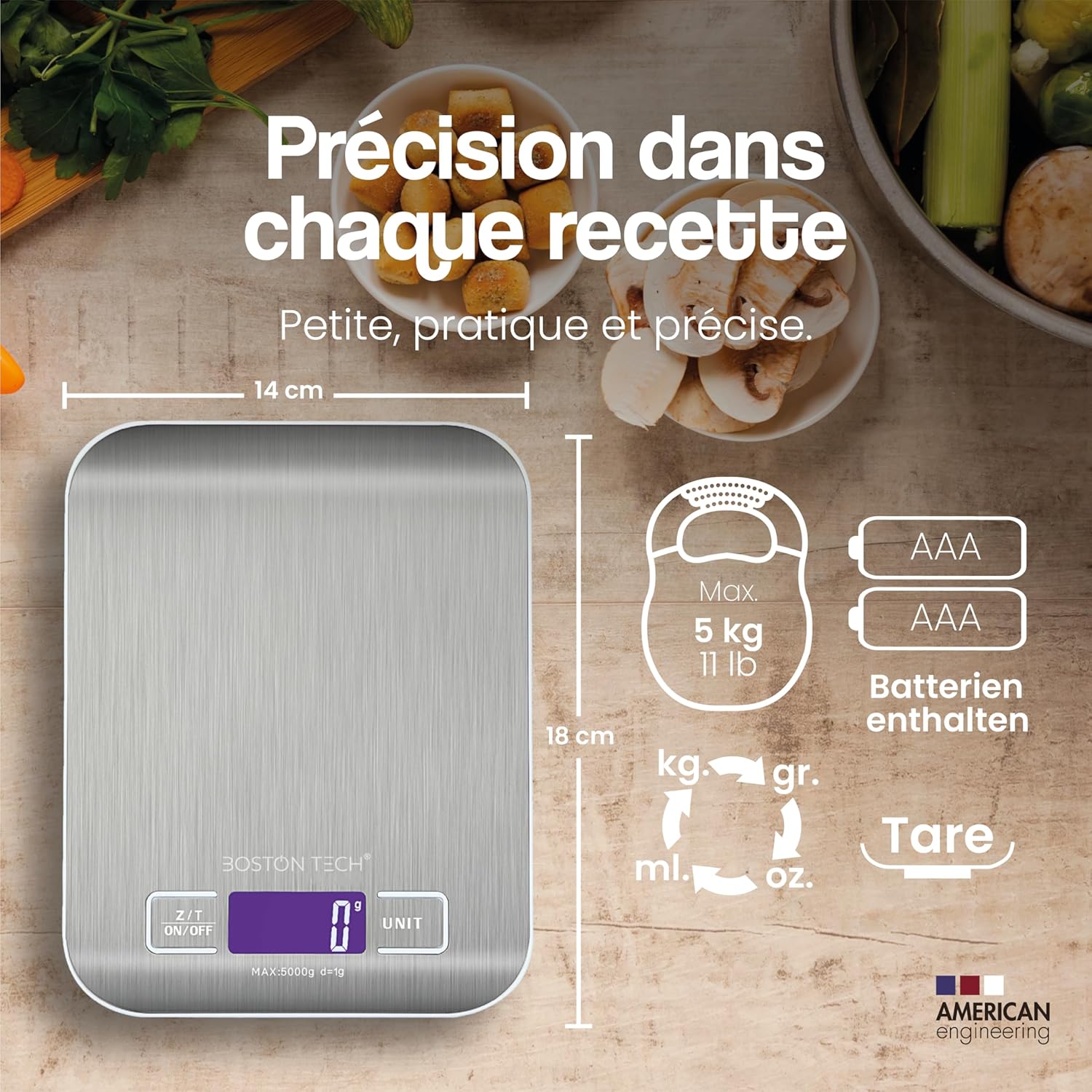 Boston Tech - balance numérique inox 5kg, LCD, étanche, tare, HK105
