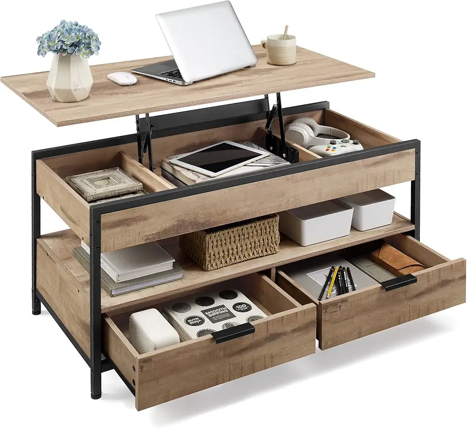 VASAGLE - table basse série LCT209K02 - espaces de rangement, plateau relevable, marron camel/ noir - LCT209K02