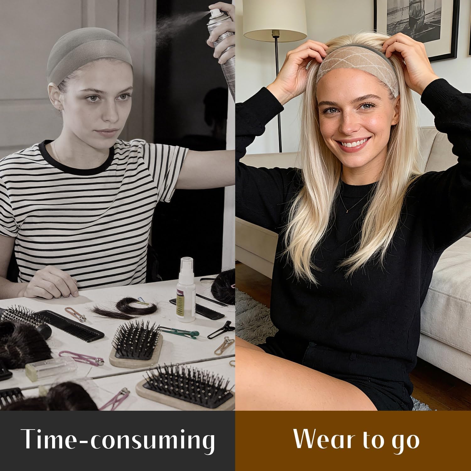 Dreamlover - Bandeaux velours pour perruque femme, 2 pièces, nude