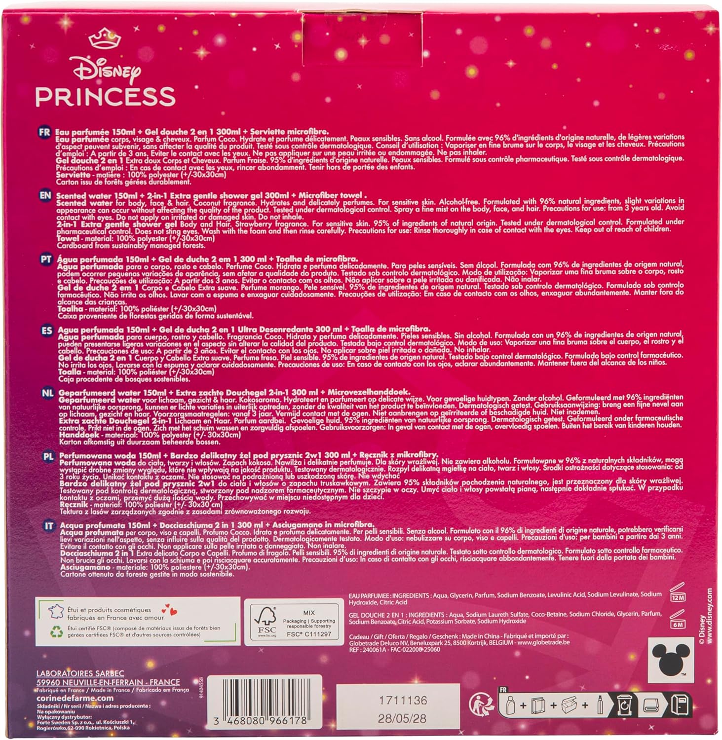 Corine de Farme - Coffret Princesses - 150ml/300ml - Eau parfumée et gel douche enfants, serviette microfibre, naturels