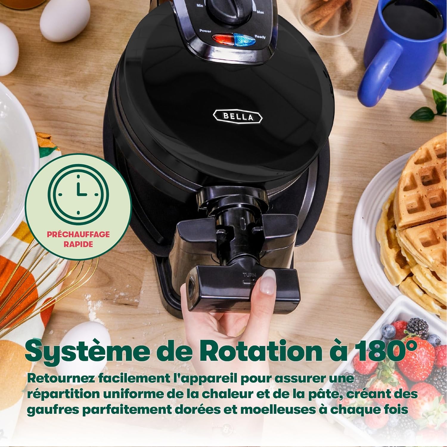 Bella - Gaufrier rotatif classique - plaques antiadhésives, contrôle brunissement, poignées froides