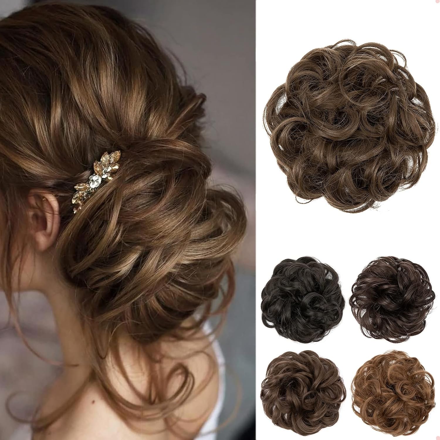 JJstar - Chignon Postiche bouclé, élastique, brun cendré, cheveux synthétiques