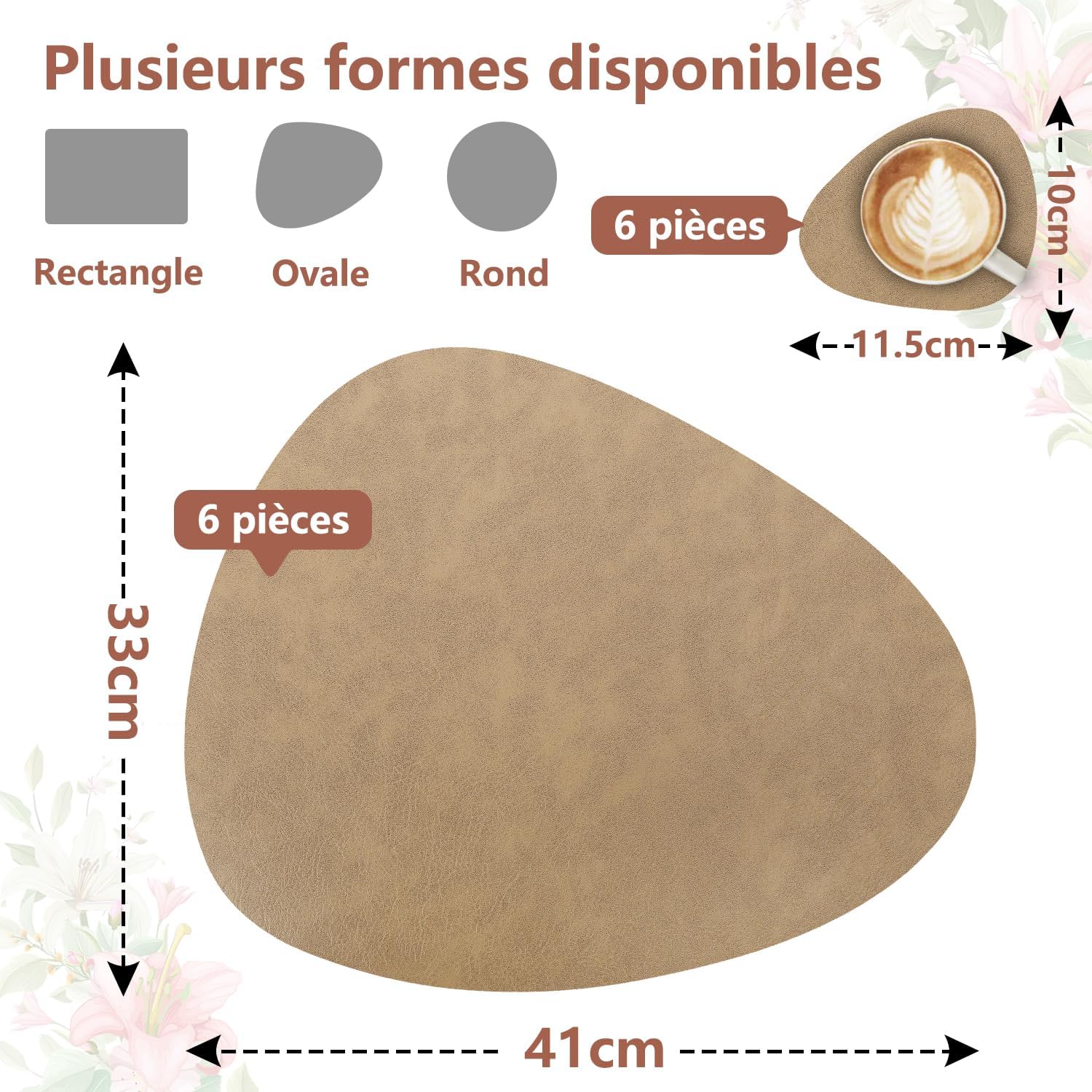 Set de table - lot de 6, ovale 41x33cm, lavable, antidérapant, cuir PU