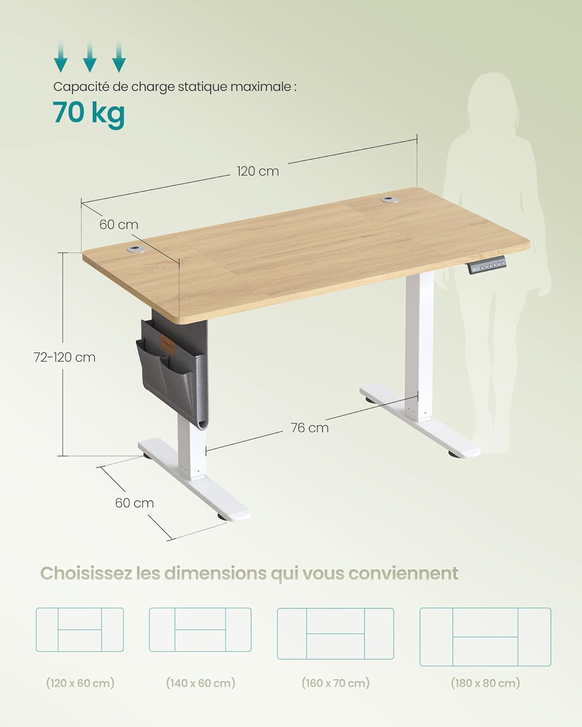 SONGMICS - bureau électrique - 120x60 cm - réglable, mémoire 4 hauteurs LSD132YA01