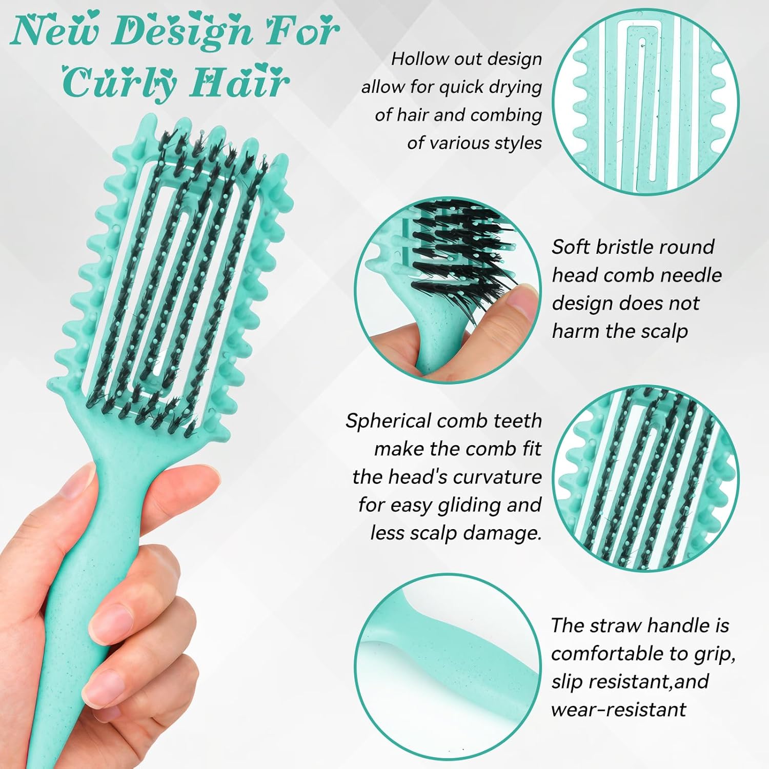 Brosse à boucler - manche ergonomique, antistatique, doux - démêlage facile - cheveux femmes, hommes, enfants - vert