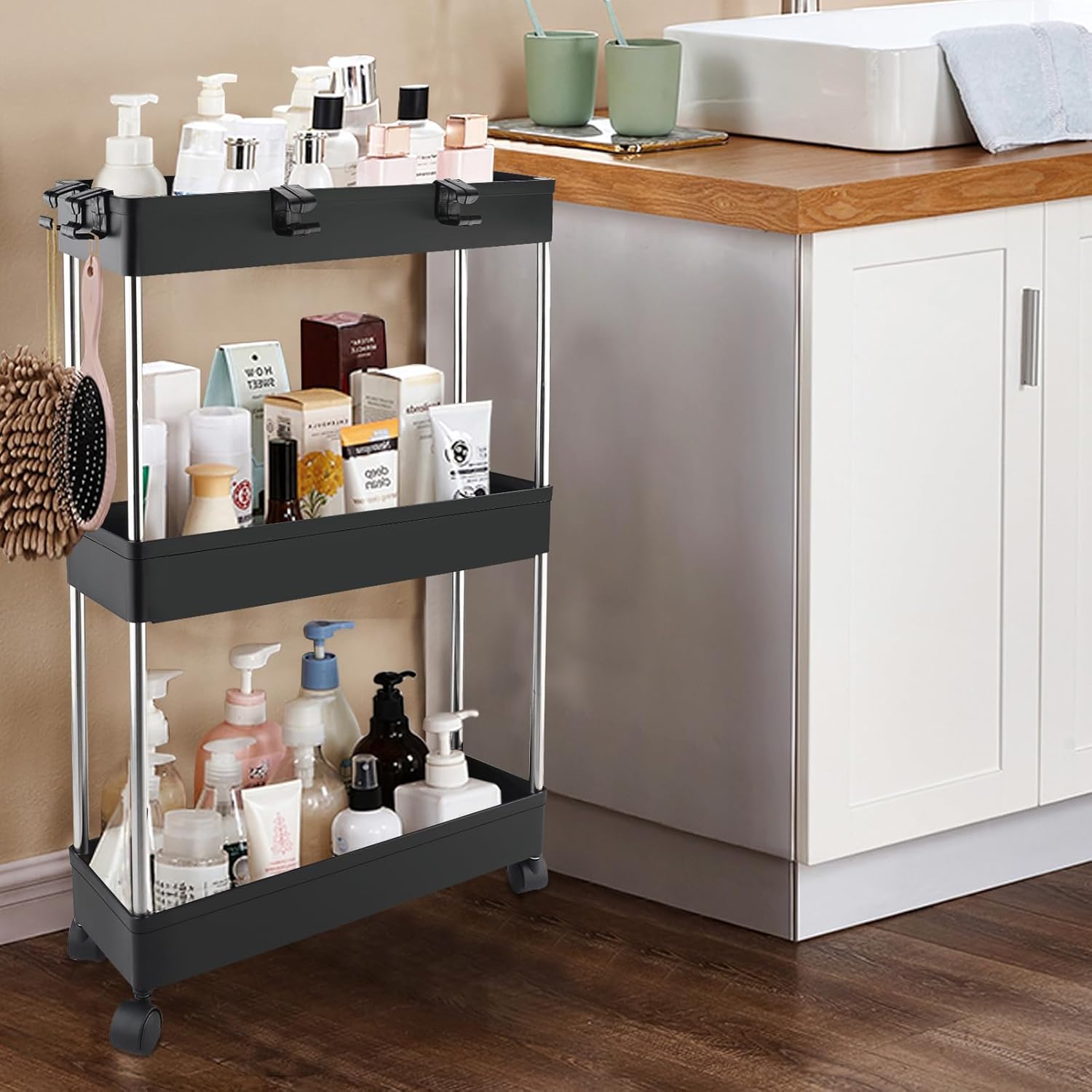 Chariot de rangement 3 niveaux - mobile - étagère à roulettes - usage bureau/maison - noir