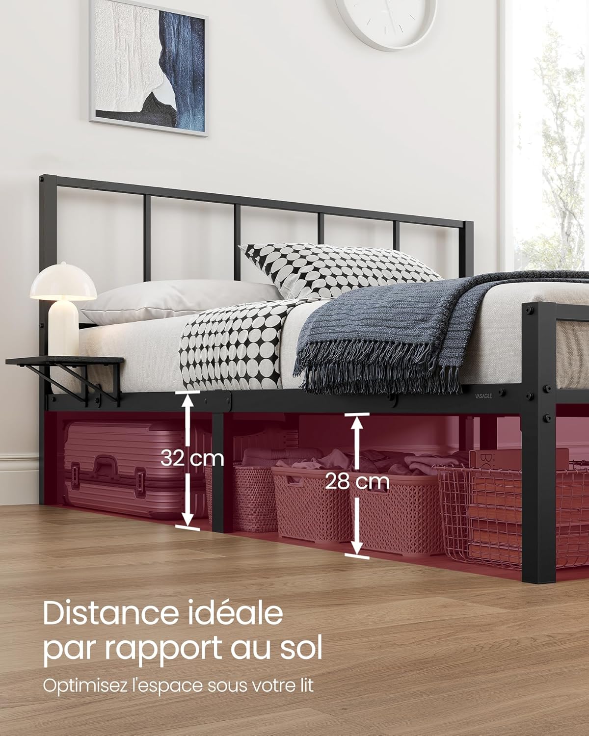 VASAGLE - cadre de lit série RMB - 160x200 cm - métal, étagères, tête de lit, montage facile - RMB195BD01