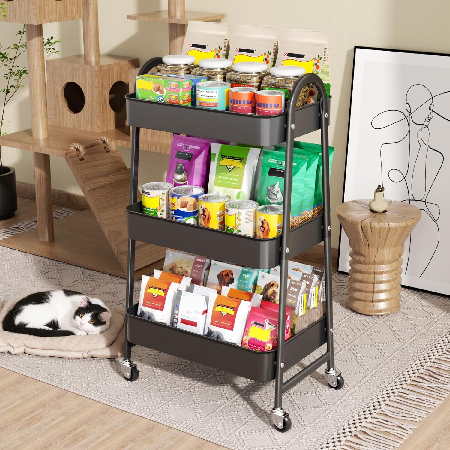 Chariot de cuisine 3 niveaux - noir - roulettes verrouillables, rangement multi-usages