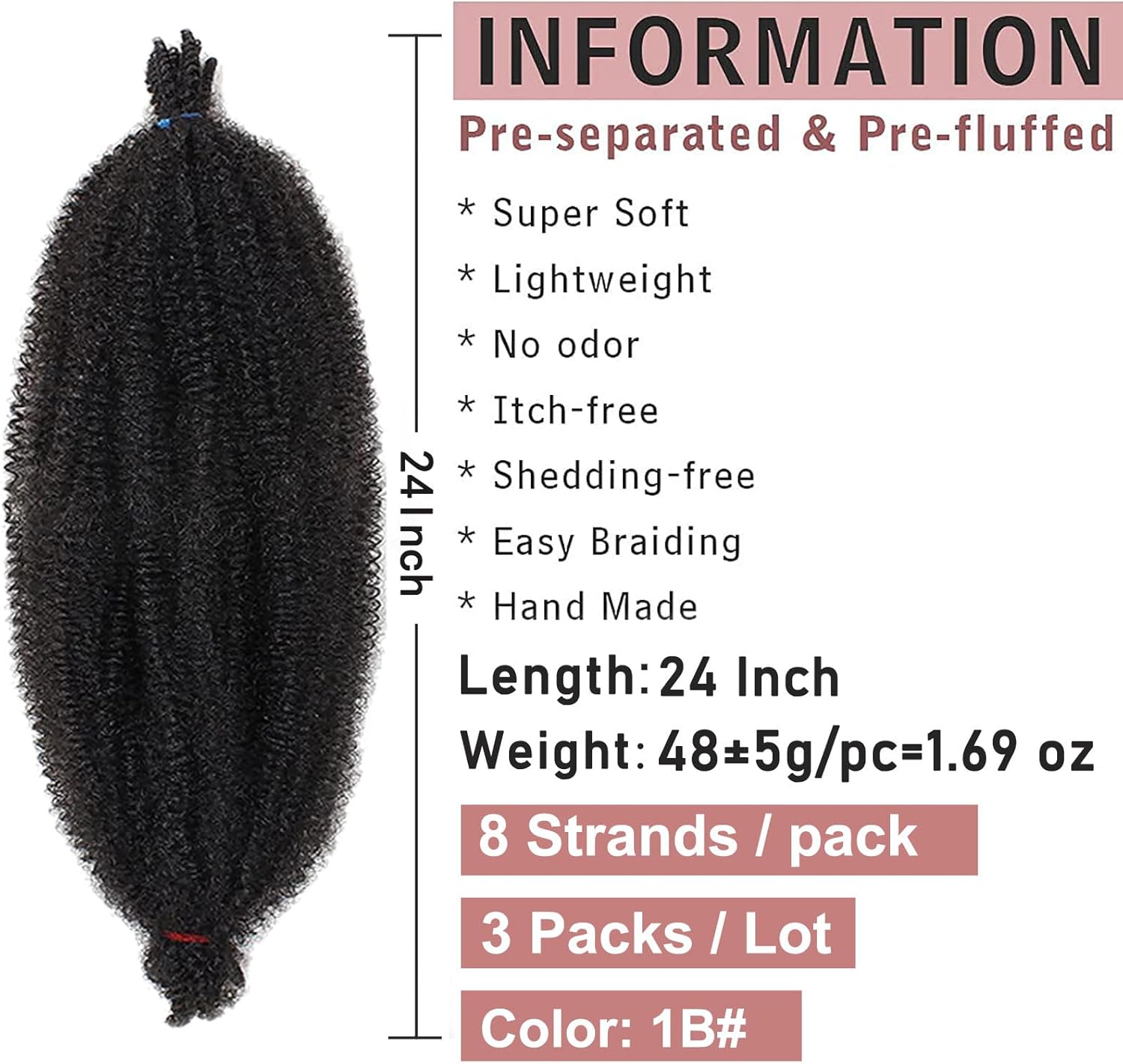 Xtrend - extensions Marley Twist - 61 cm - lot de 3, afro, douces, élastiques, noir 1B