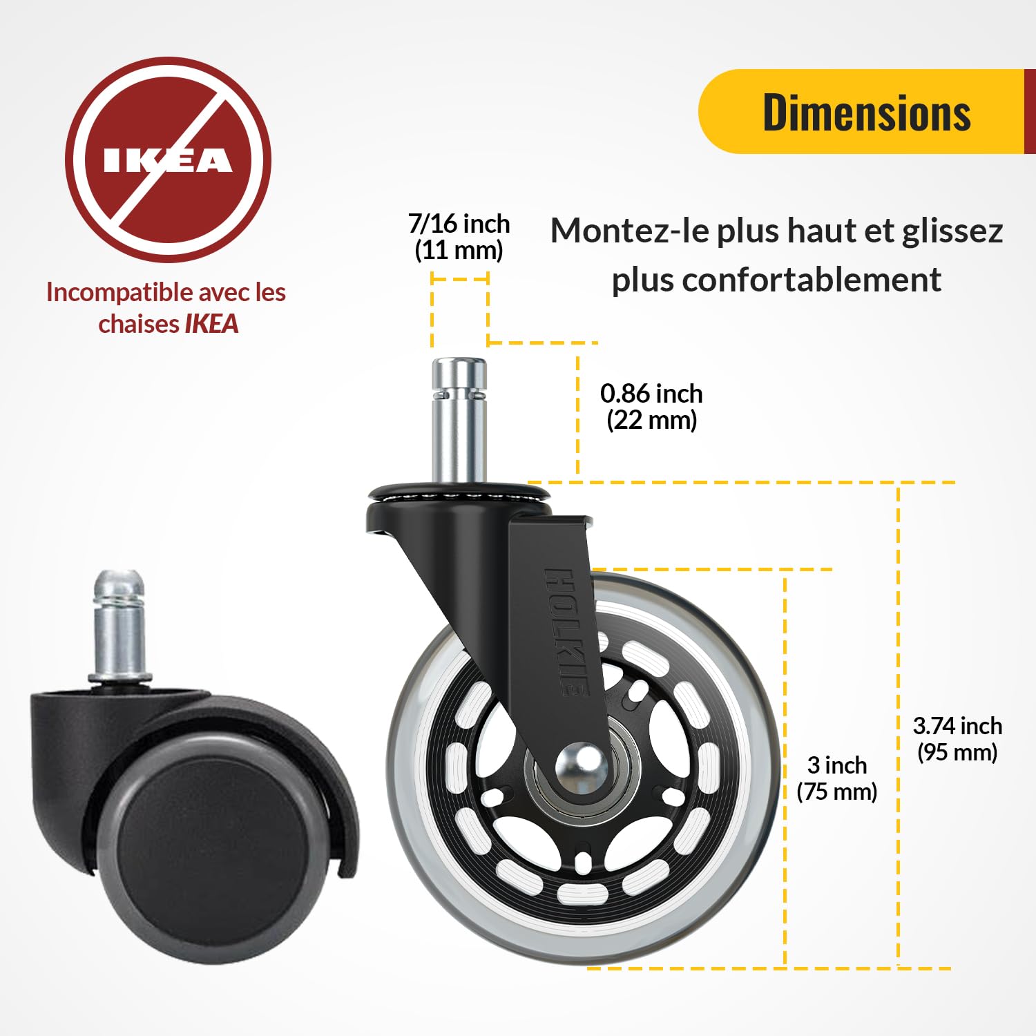 HOLKIE - roulettes chaise bureau - 11x22mm - caoutchouc robustes pour sols durs et tapis