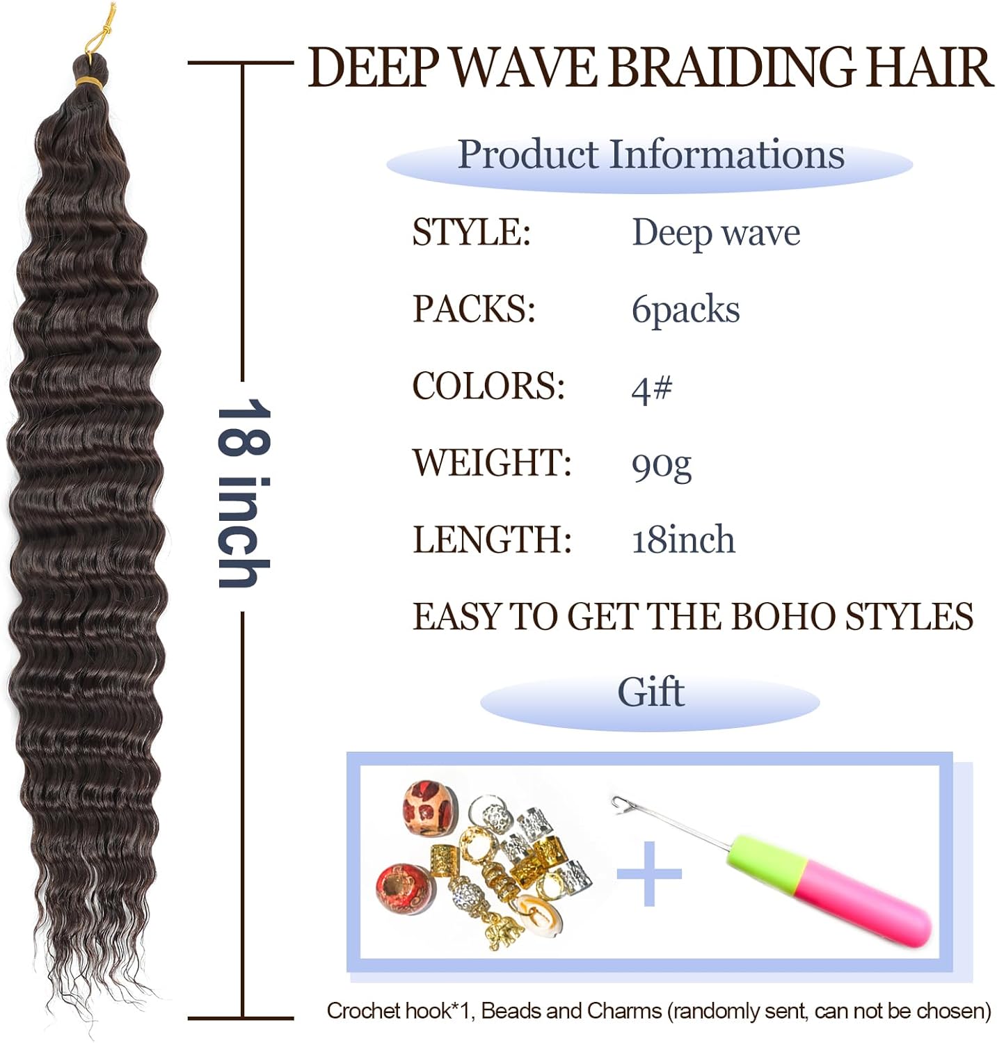 Extensions de cheveux - Deep Wave - 18 pouces - synthétiques, lot de 6