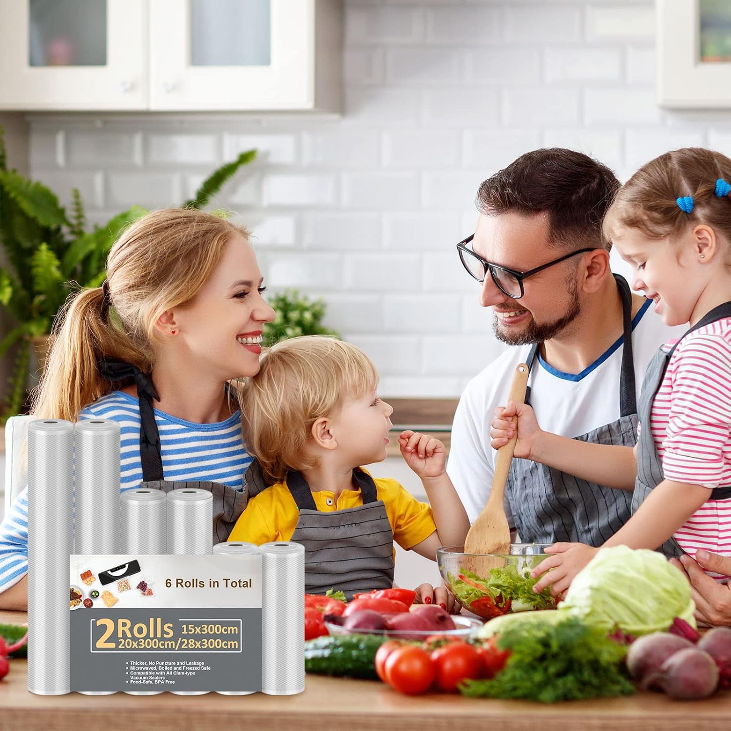Rouleau sous vide alimentaire - 6 packs, 3 tailles, compatible machines, 28x300cm, 20x300cm, 15x300cm