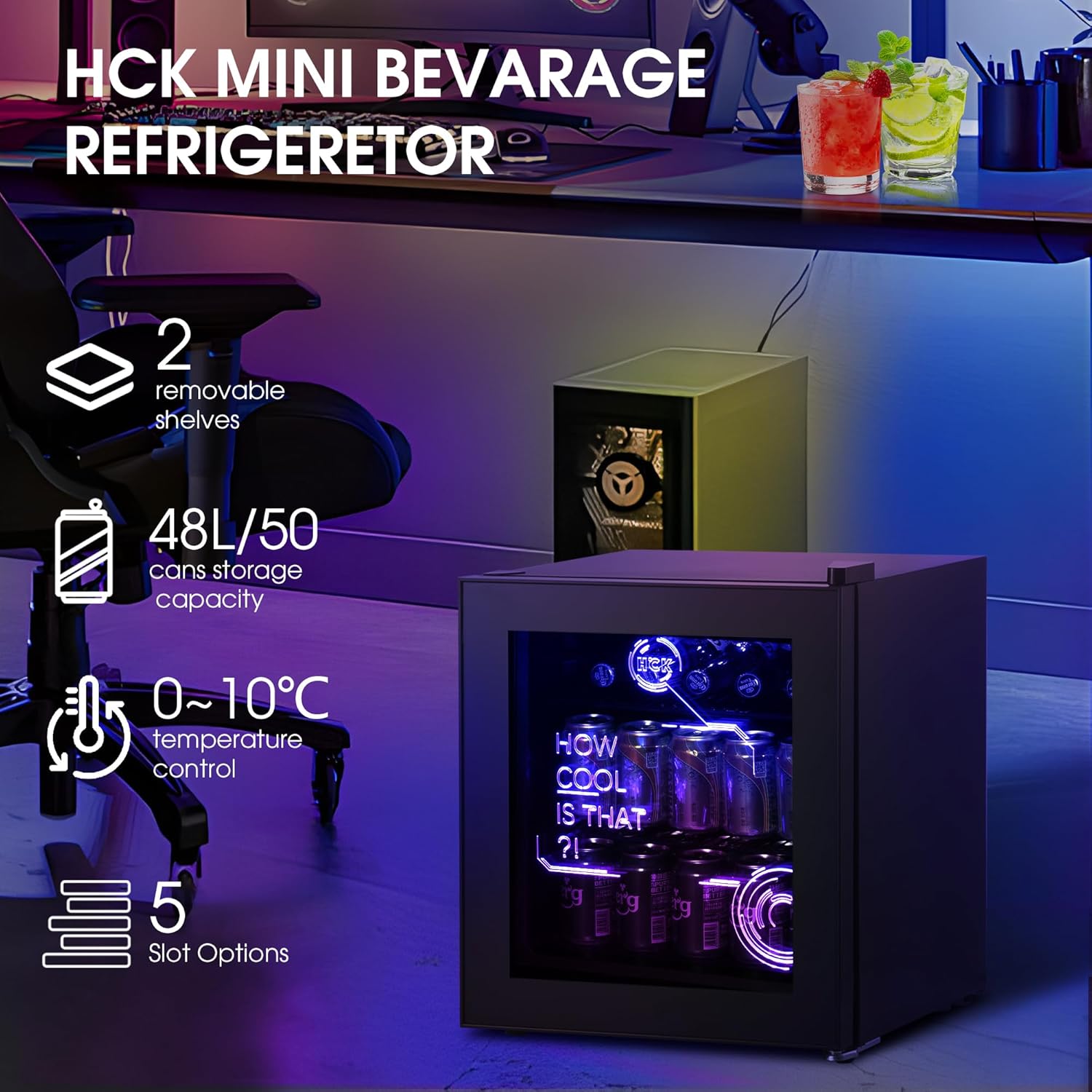 HCK - Mini Frigo Cyberpunk - 48L - Éclairage LED, 0-15°C, silencieux