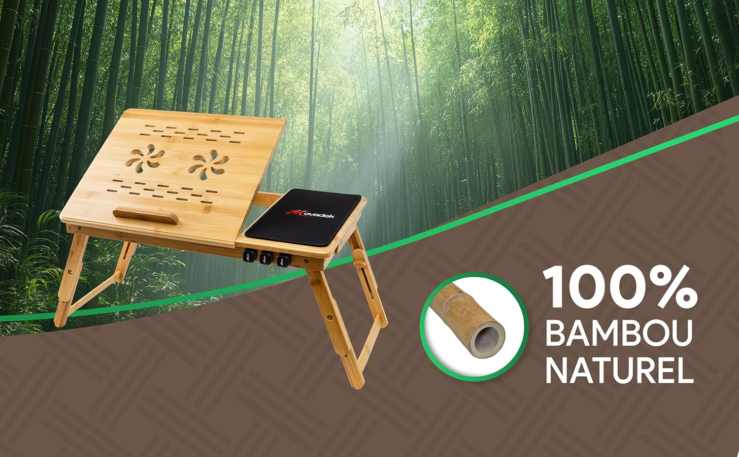 Table de lit en bambou – réglable, avec tiroir, tapis souris, 60x34cm, organisateur câbles