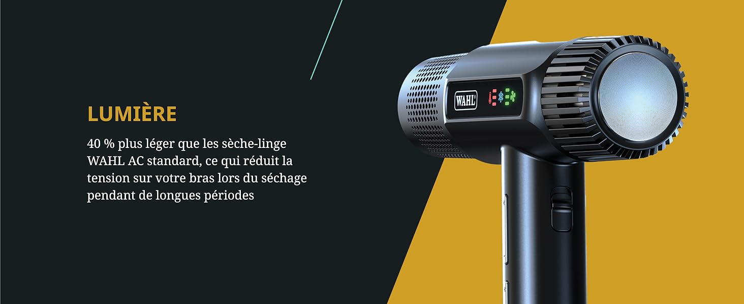 Le texte se lit « LUMIÈRE », suivi du texte français. Appareil de massage portatif noir avec affichage numérique et poignée texturée sur fond noir et jaune.