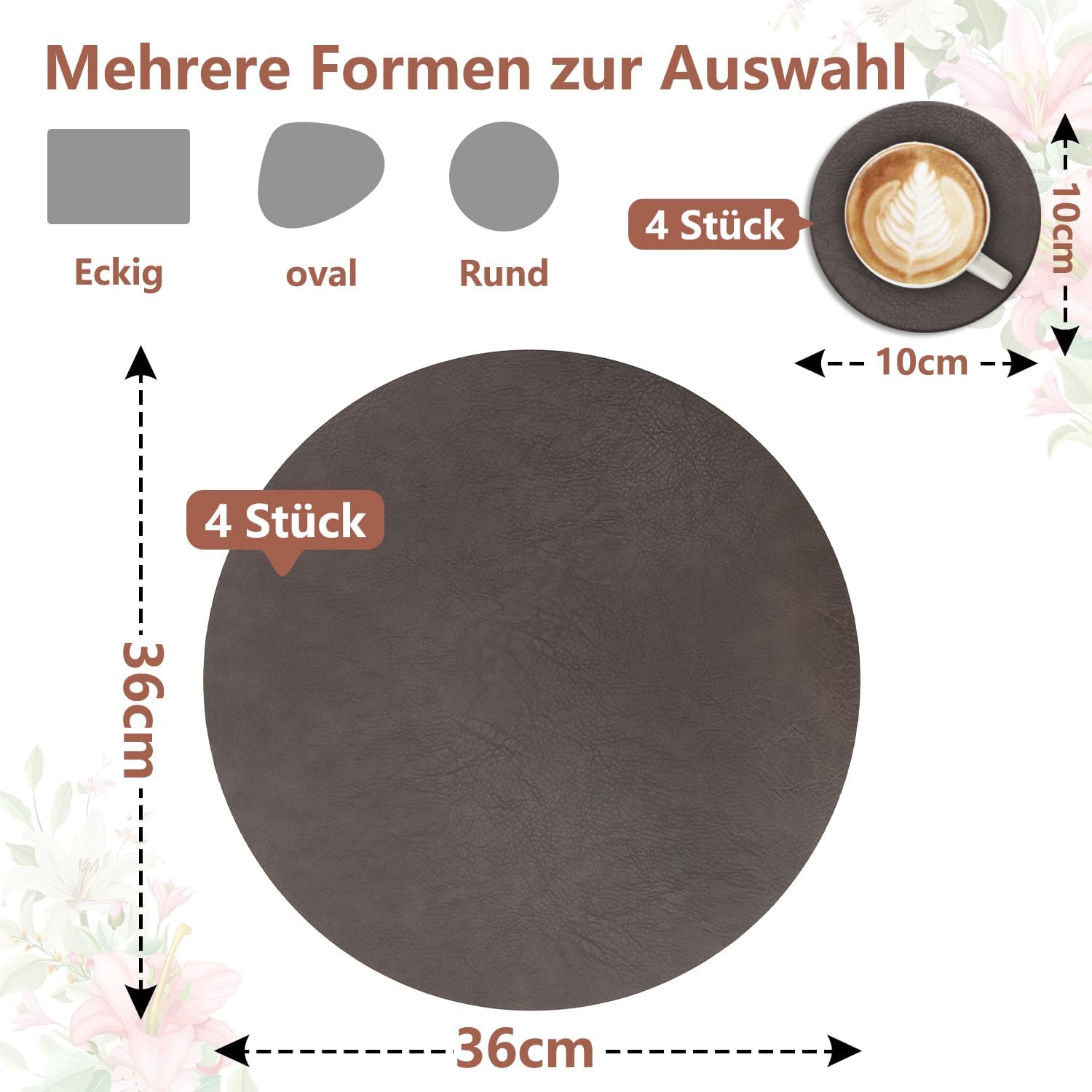 Set de table - rond double-face 36x36cm - lavable, antidérapant, lot de 4