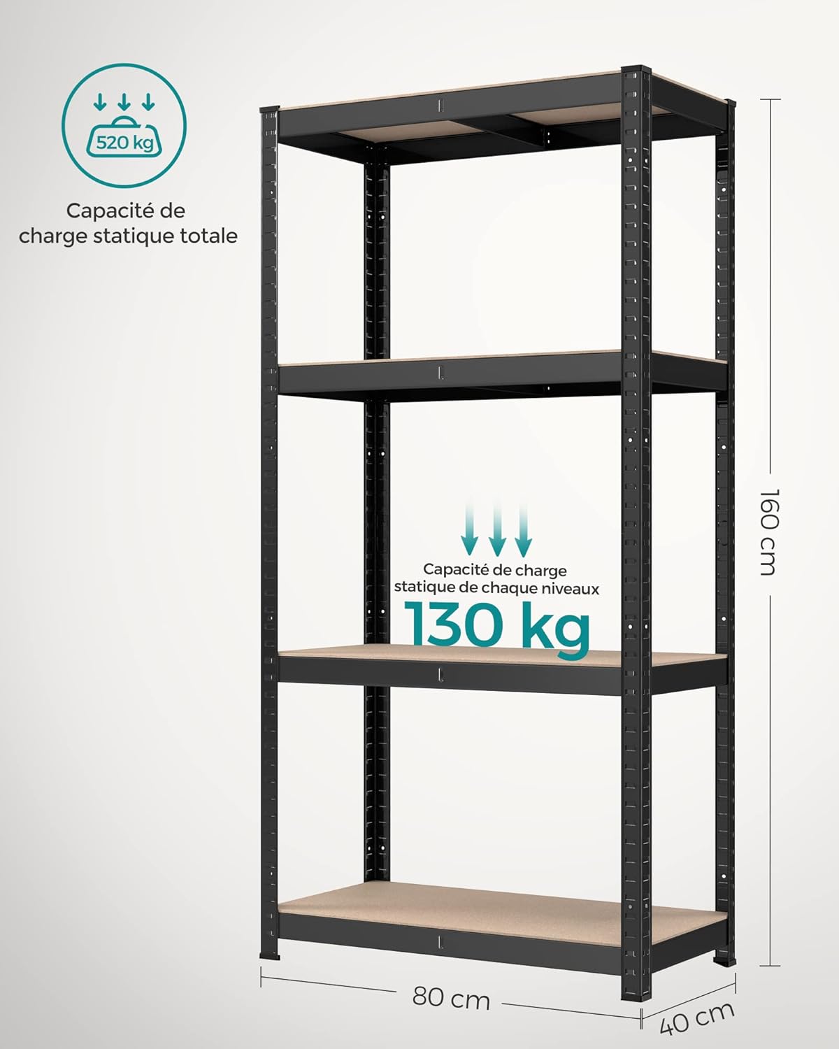 SONGMICS - étagère rangement 4 niveaux, 40x80x160cm, 520kg, GLR044B02