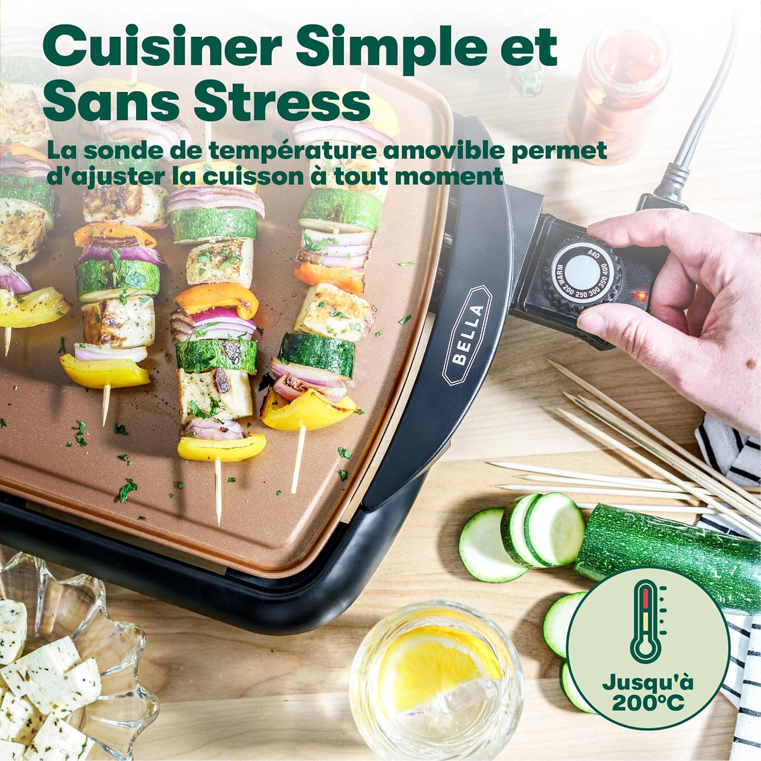 Bella - Plaque de cuisson électrique et grill - 26,7x50,8 cm - surface antiadhésive, sonde amovible, Copper