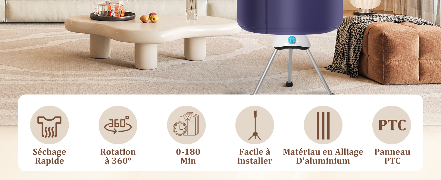 présentant les caractéristiques d'un appareil : 10 formes rapides, rotation à 360°, R 100 min, facile à installer, matériaux en alliage d'aluminium,