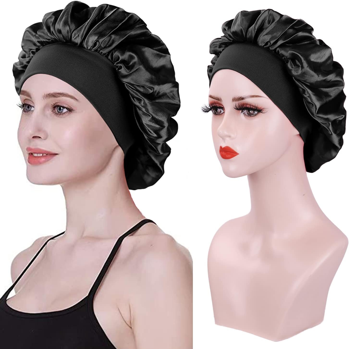 Bonnet de nuit femme - satin/soie - 2 pièces - protection cheveux