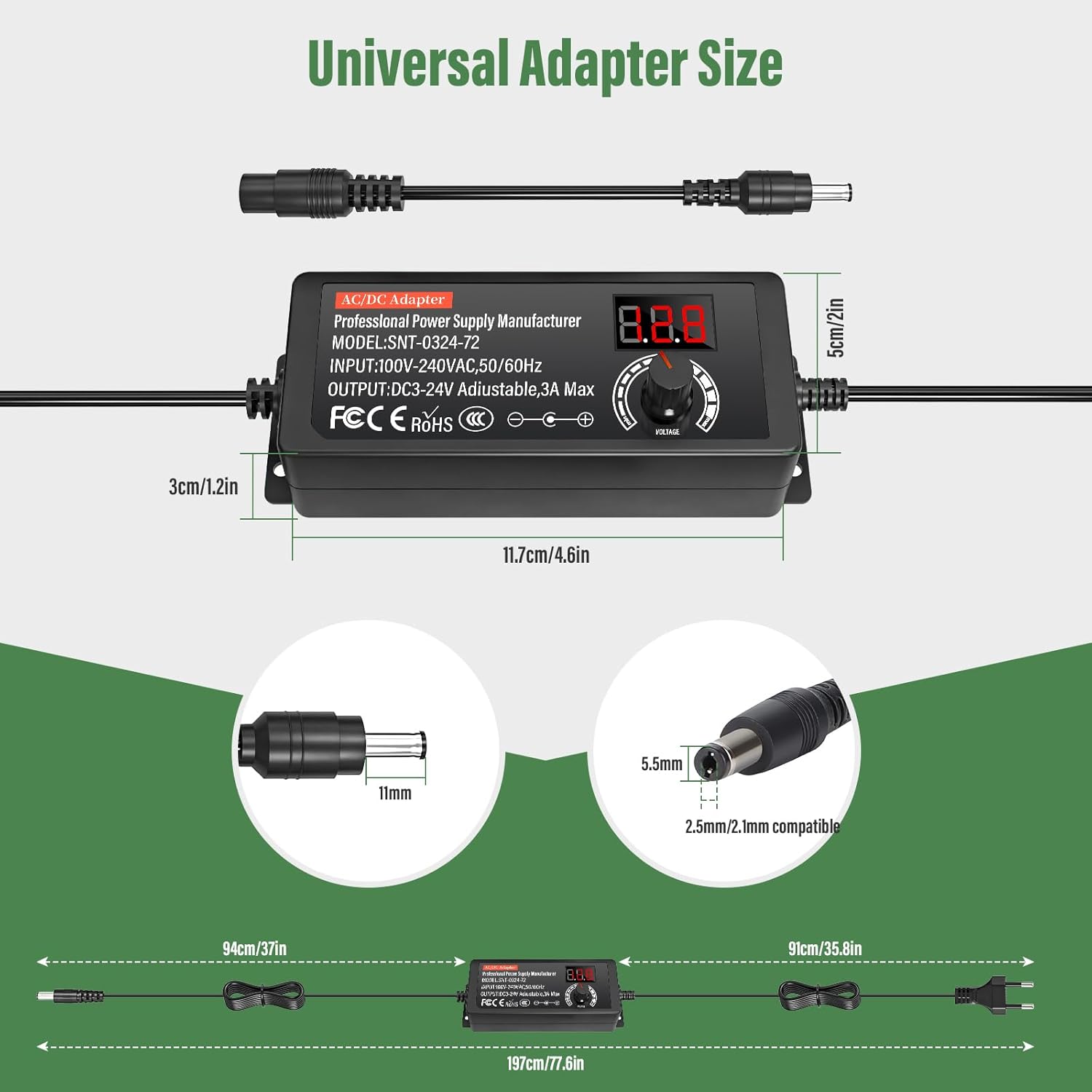 Alimentation universelle - 72W, 24V - 14 embouts, polarité inversée, 3000mA max