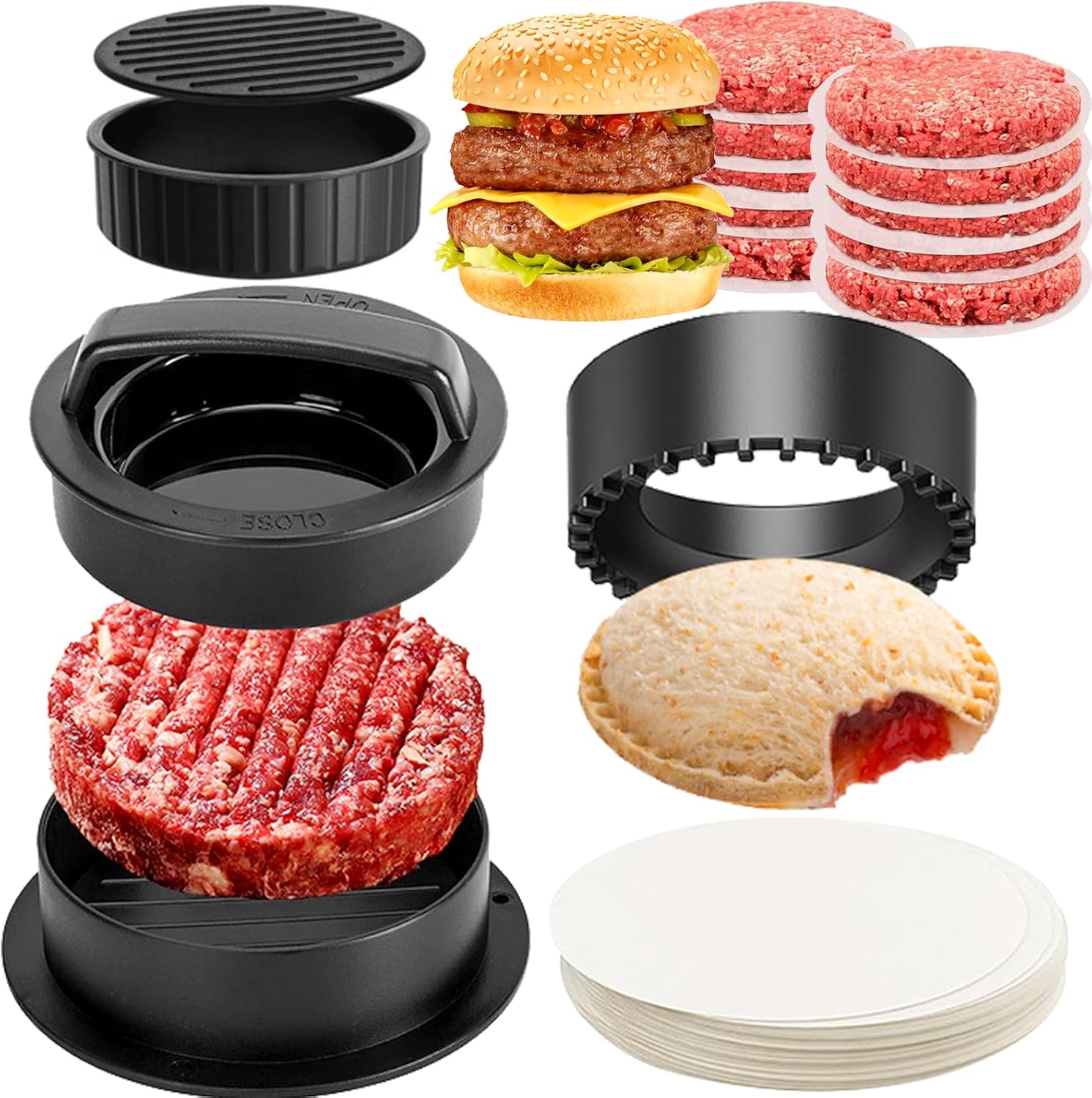 Presse hamburger 4 en 1 - avec 100 feuilles papier sulfurisé - idéal burgers et sandwiches