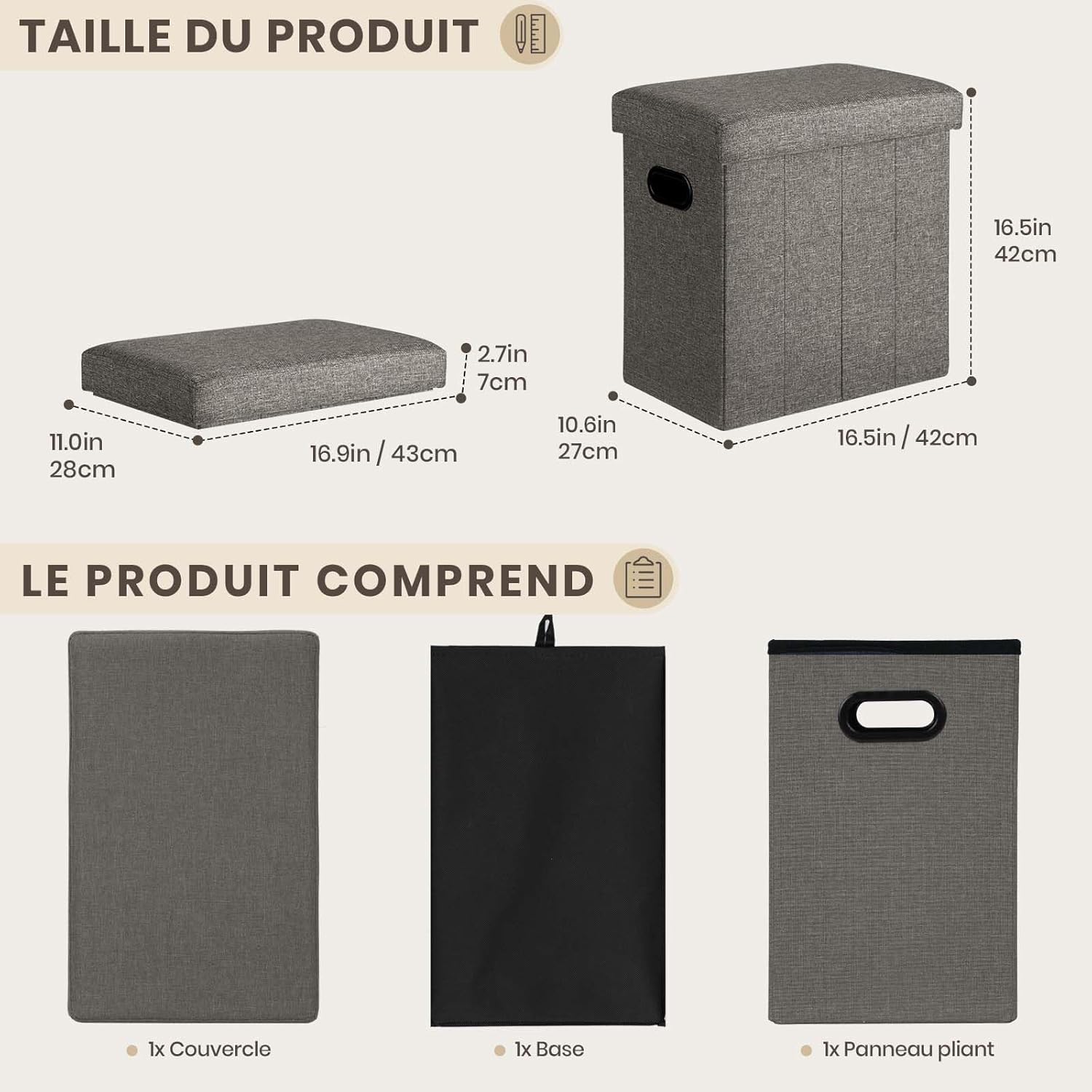 COSYLAND - Ottoman pliable lin - 42x27x42cm - rangement 150kg, gris foncé
