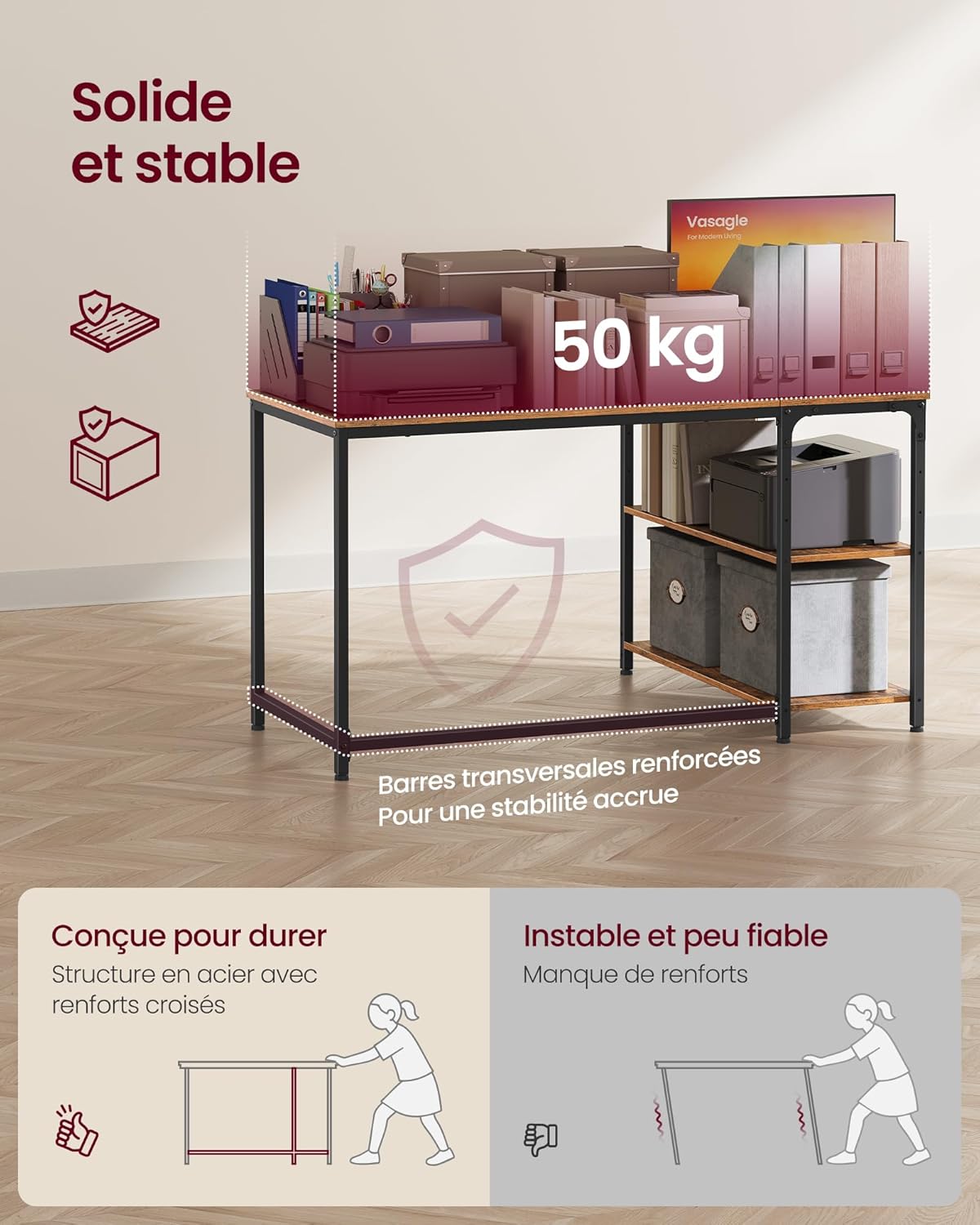 VASAGLE - Bureau Gaming L - 120x80 cm - rangement, étagères réglables - LWD136KD01