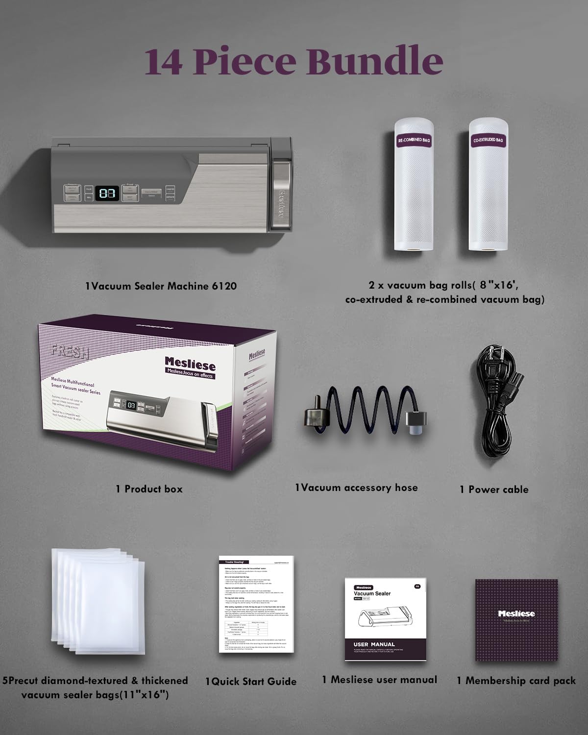 Mesliese - machine à emballer 95kPa 120W, double étanchéité, cutter, affichage, rouleaux et sacs