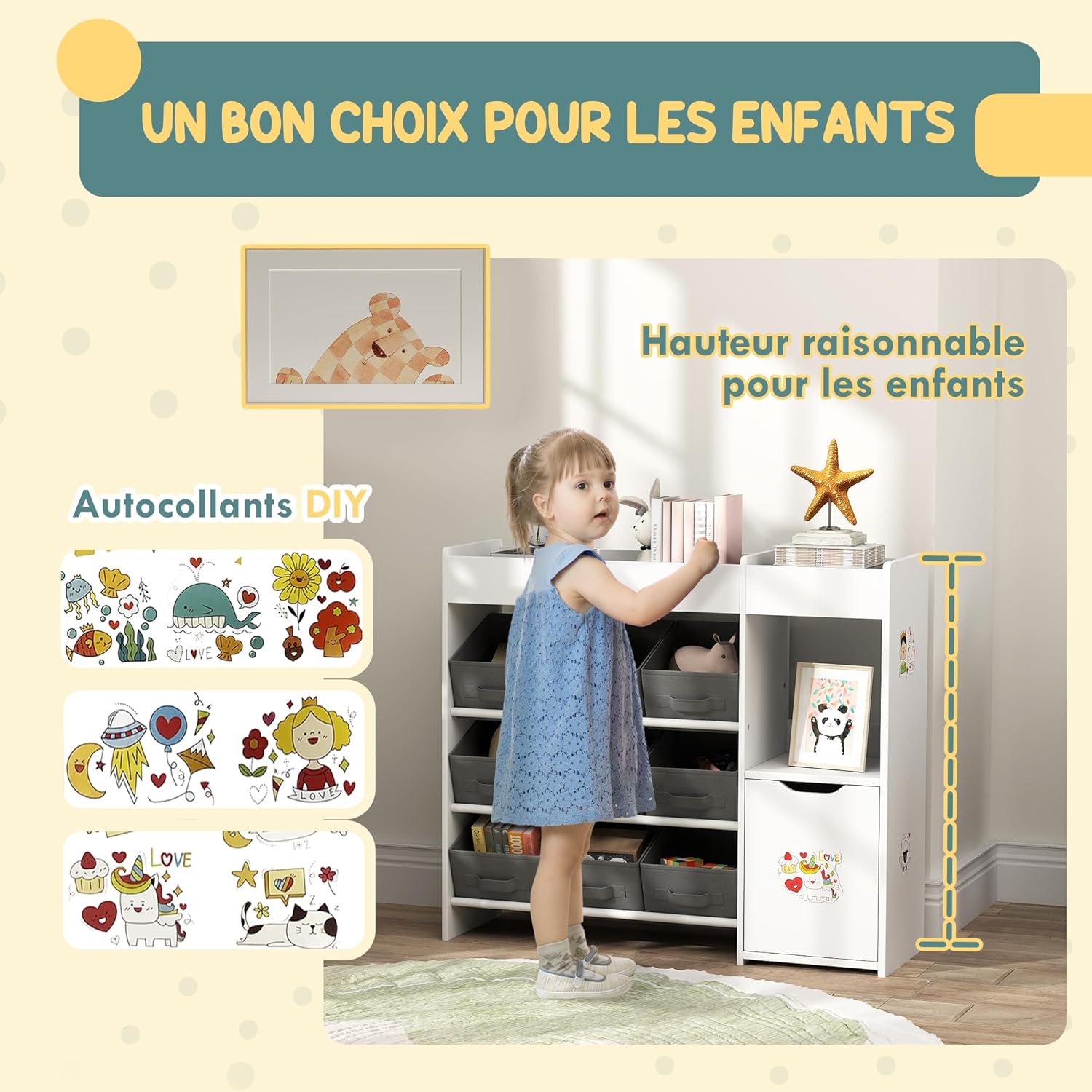 AIYAPLAY - étagère enfant 9 tiroirs tissu et placard, rangement jouets, blanc