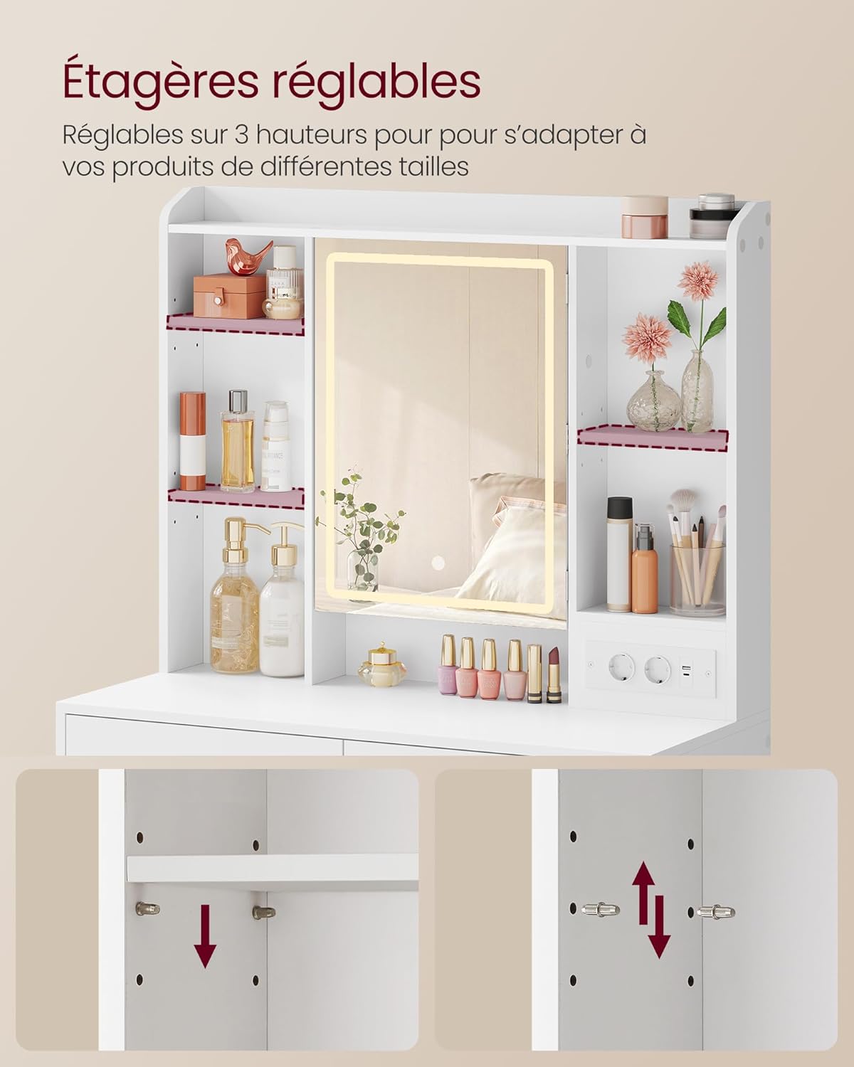 VASAGLE - coiffeuse Kailyn, blanche, miroir LED, 2 tiroirs, RDT143WB01