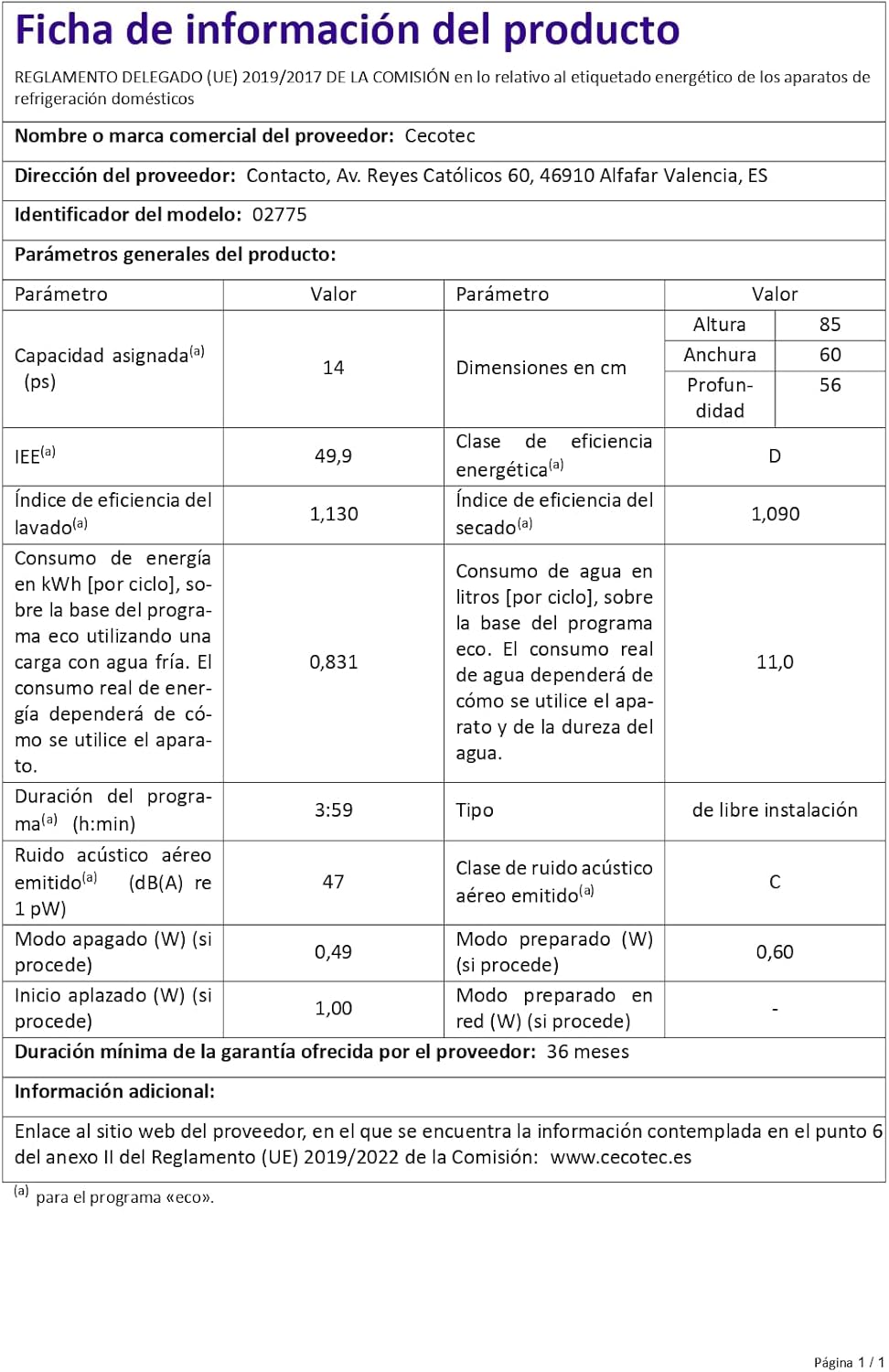 Cecotec - Bolero Aguazero 6200 D - 14 couverts - 6 programmes, classe D, 1850W