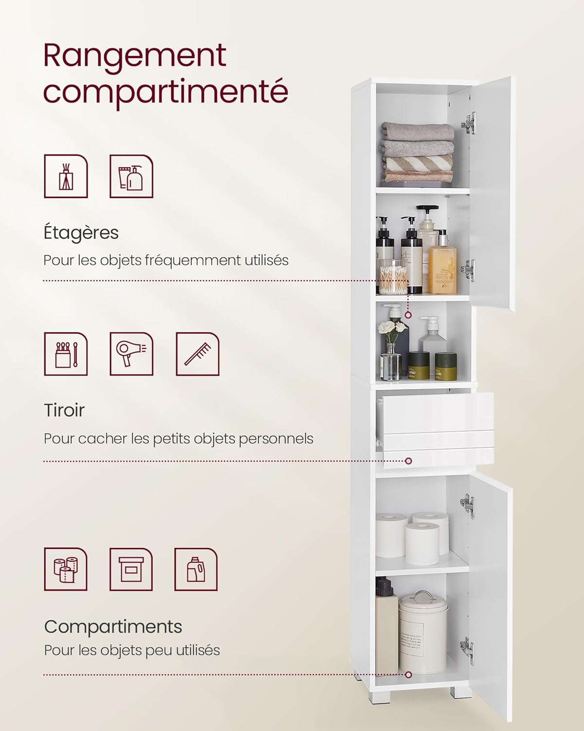 VASAGLE - colonne salle de bain, tiroir, étagères réglables, 30x30x170 cm - BBC560P31