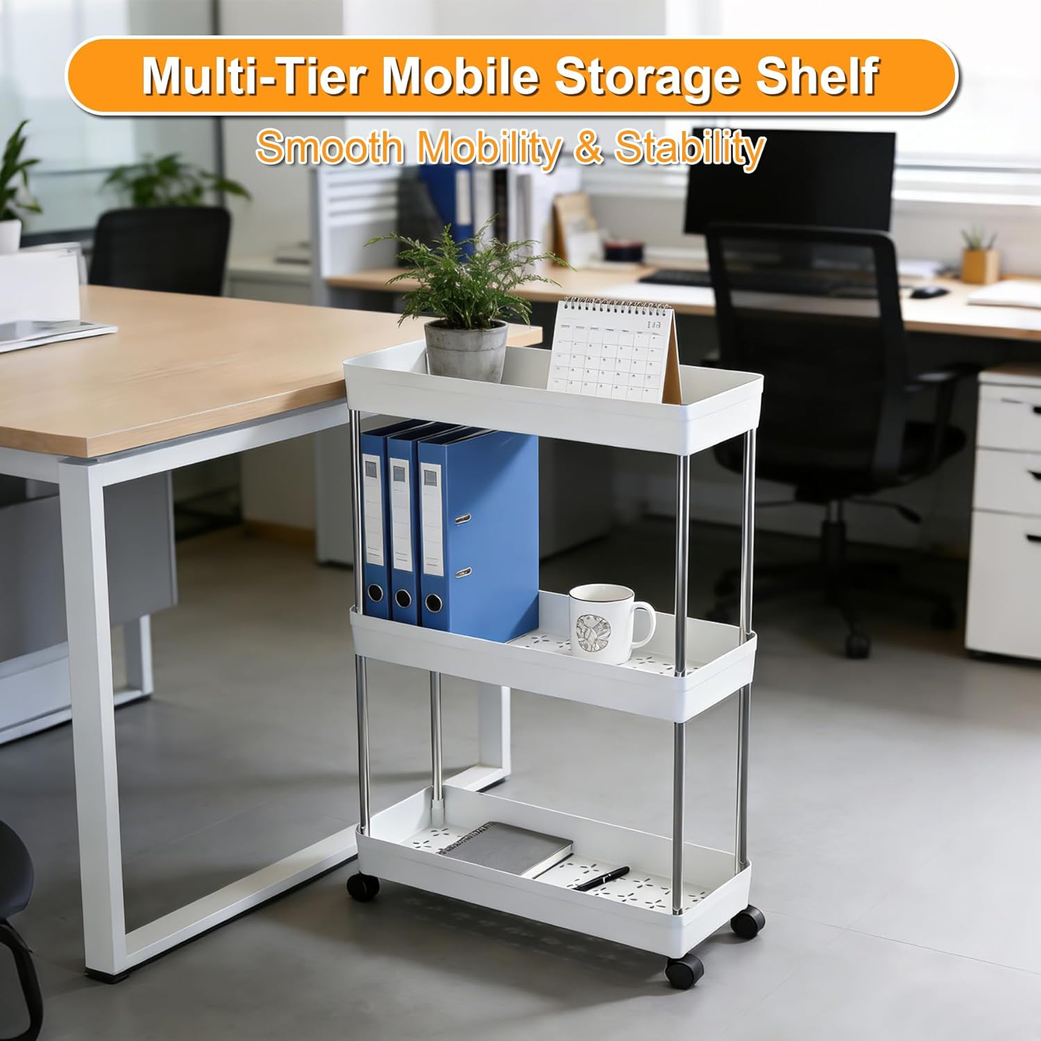 Chariot de rangement 3 niveaux, étagère mobile, blanc, compact, cuisine/salle de bain