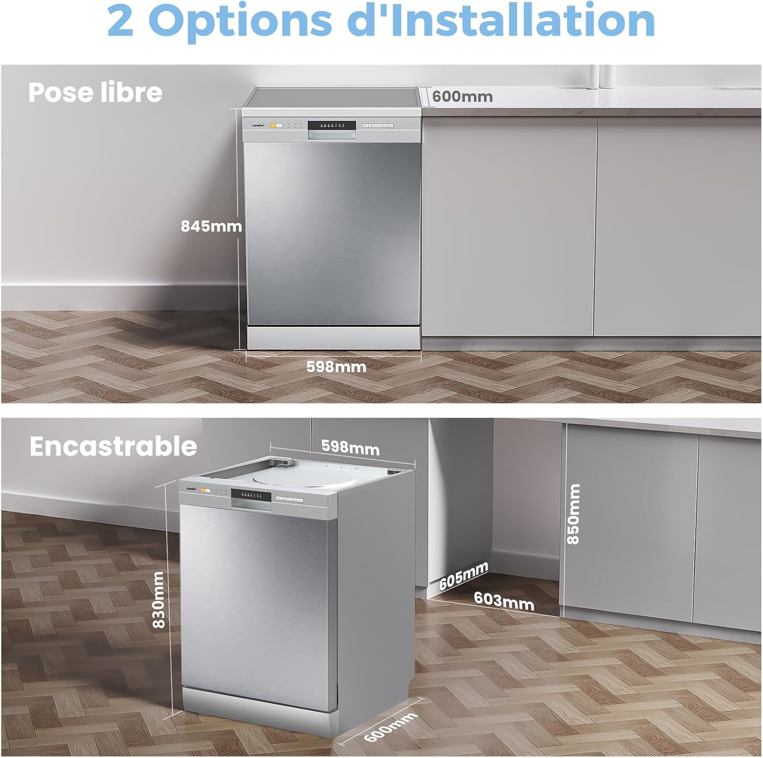 COMFEE' - lave-vaisselle série Pose Libre - 60 cm - 12 couverts, départ différé, demi-charge, paniers flexibles, inox, 4