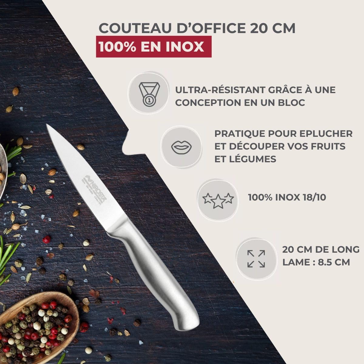 Nirosta - couteau de cuisine série 41836 - 20x2cm lame 8,5cm inox