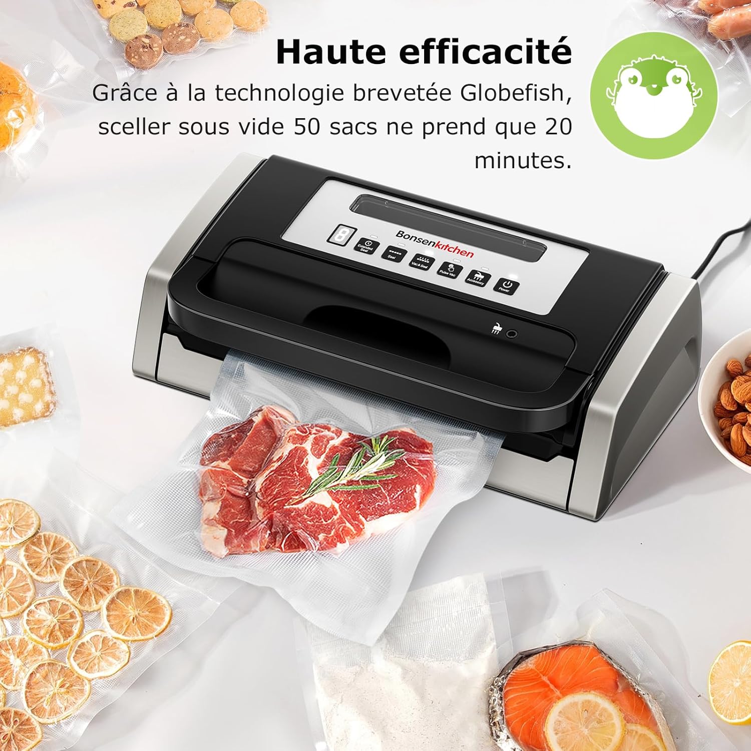 Bonsenkitchen - Machine sous vide série Globefish - compacte, silencieuse, poignée verrouillée, cutter intégré