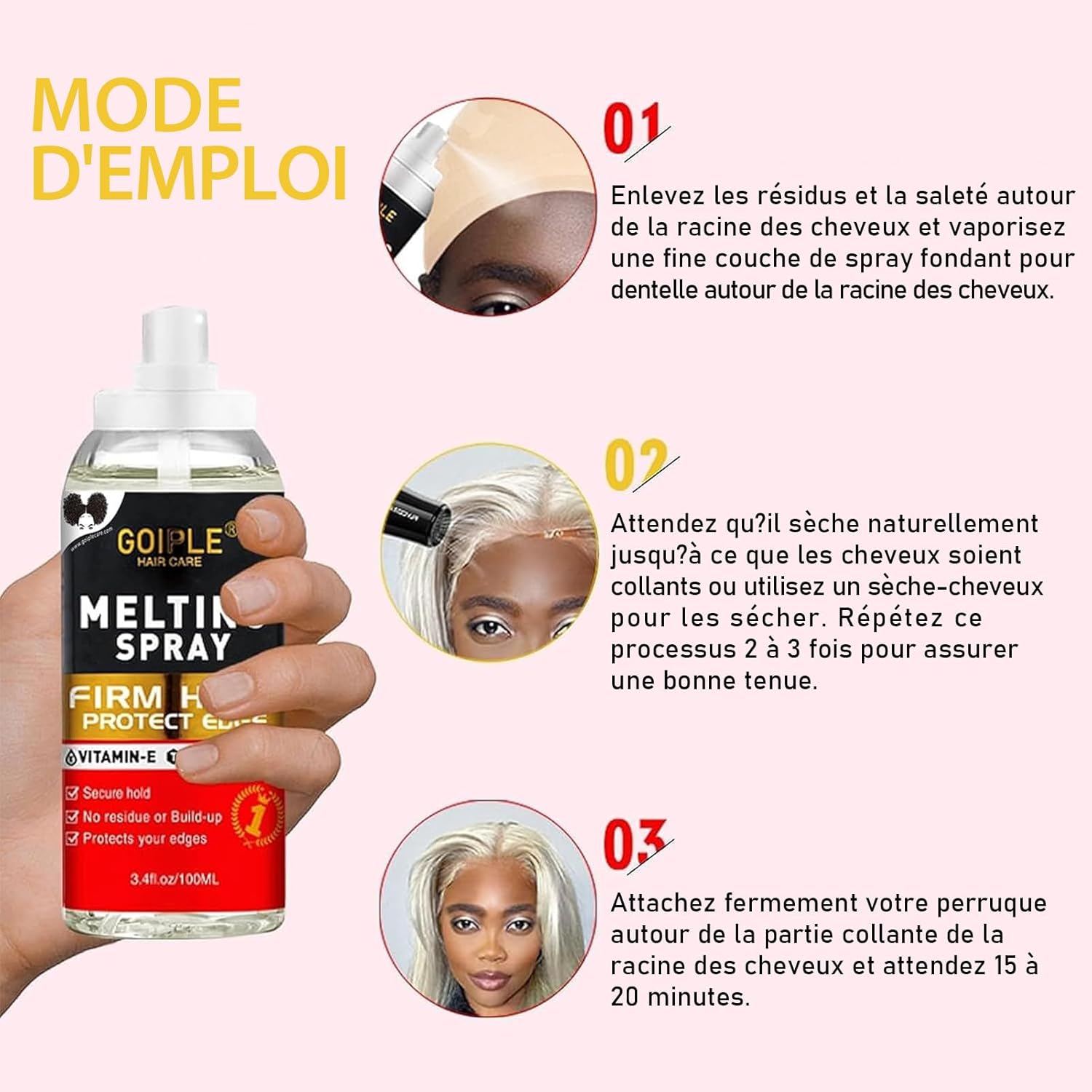 Spray adhésif perruque - finition naturelle, protection bords, tenue longue