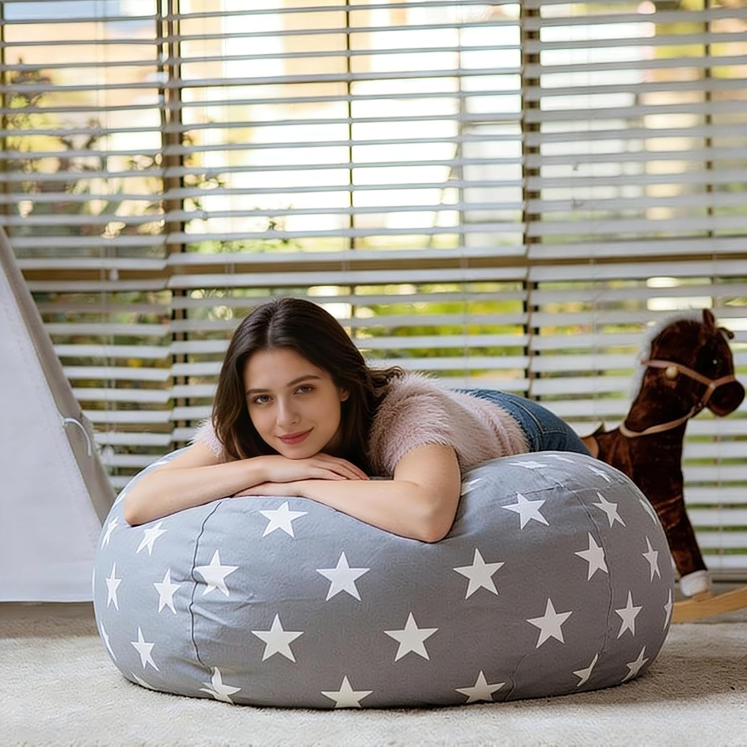 Sac Rangement Peluches Enfant - pouf pliable rond, toile douce, fermeture éclair, rangement jouets et vêtements