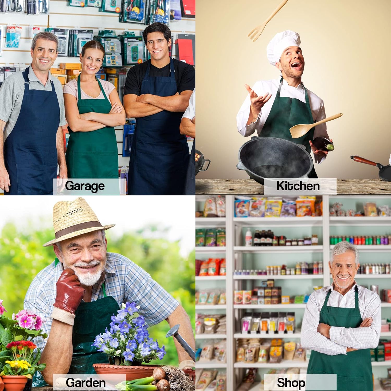 atopo - tablier chef pack 4 - taille réglable - 2 poches, étanche, vert