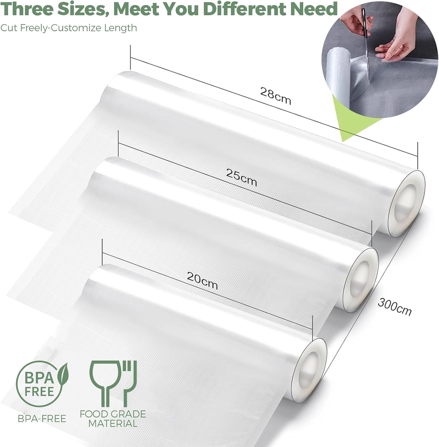 Rouleau sous vide alimentaire - 3 tailles 28/25/20x300cm, sans BPA, compatible toutes machines