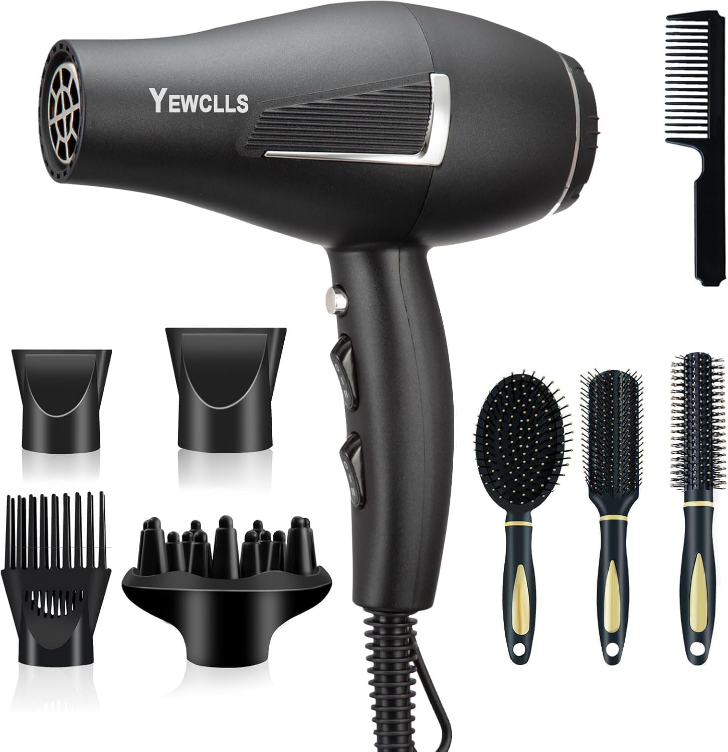 Sèche-cheveux ionique - 2100W - 2 concentrateurs, 4 peignes, diffuseur, bouton froid, Séchage rapide