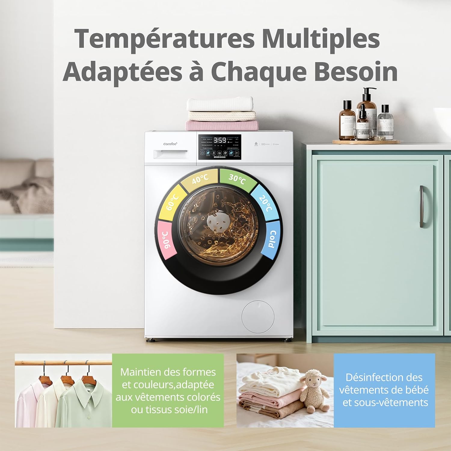 COMFEE' - lave-linge 10kg, vapeur, moteur BLDC, tactile, blanc, CFP03EW100W-FR