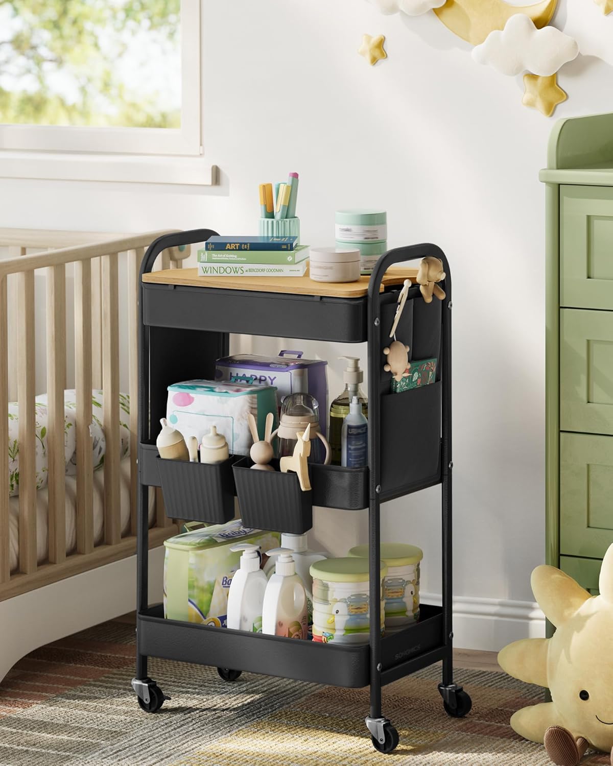 SONGMICS - Chariot 3 niveaux, pots amovibles, poches latérales, LRC036B01