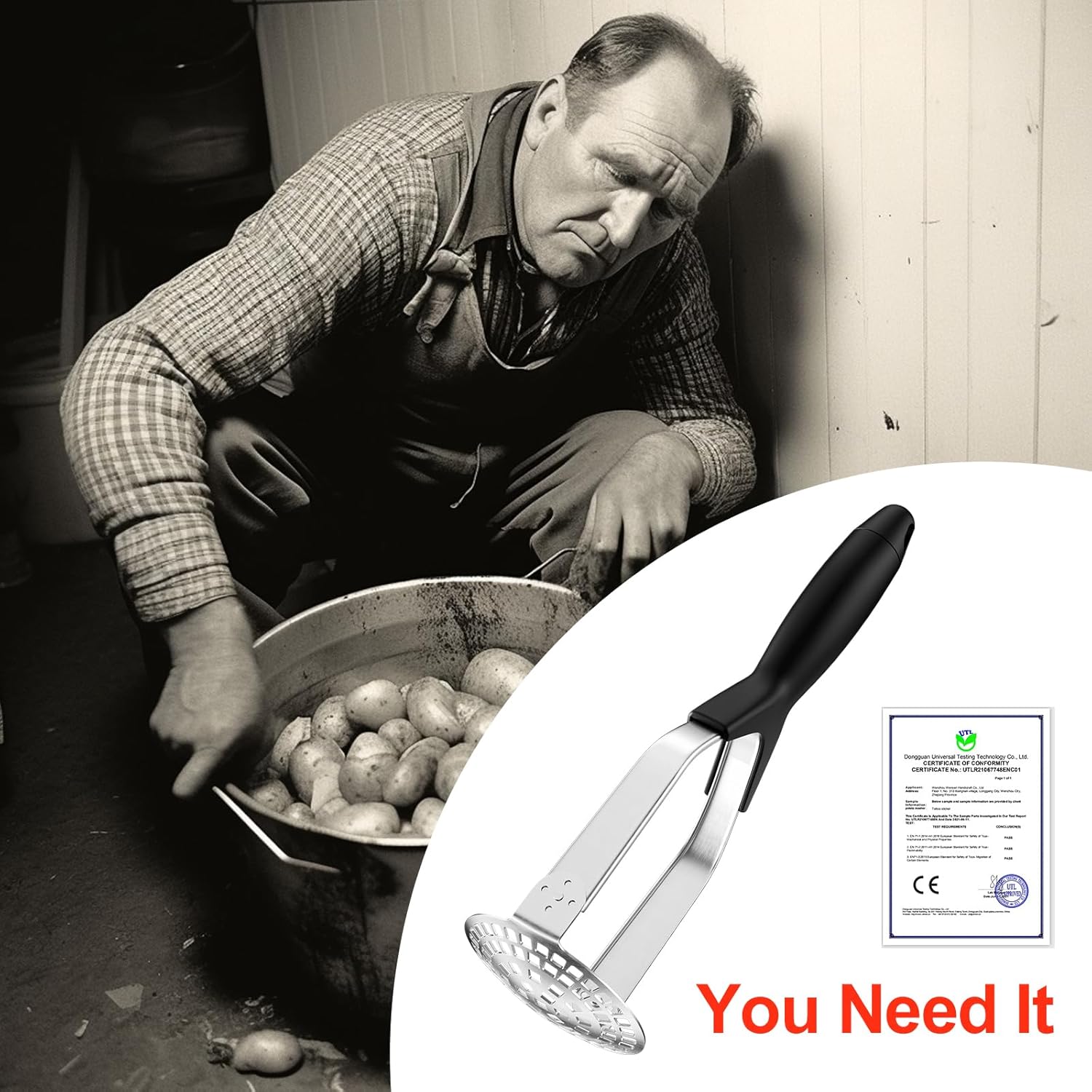 Fousenuk - presse-purée inox pliable, poignée antidérapante, pro,