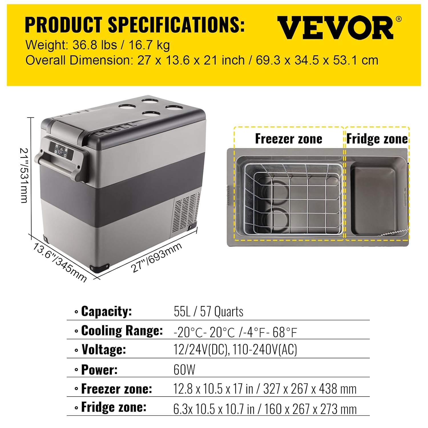 VEVOR - Mini Frigo Série Portable - 69x34.5x52.4cm - Silencieux, -20 à 20°C, 55L, panneau numérique, 220V/maison/voiture