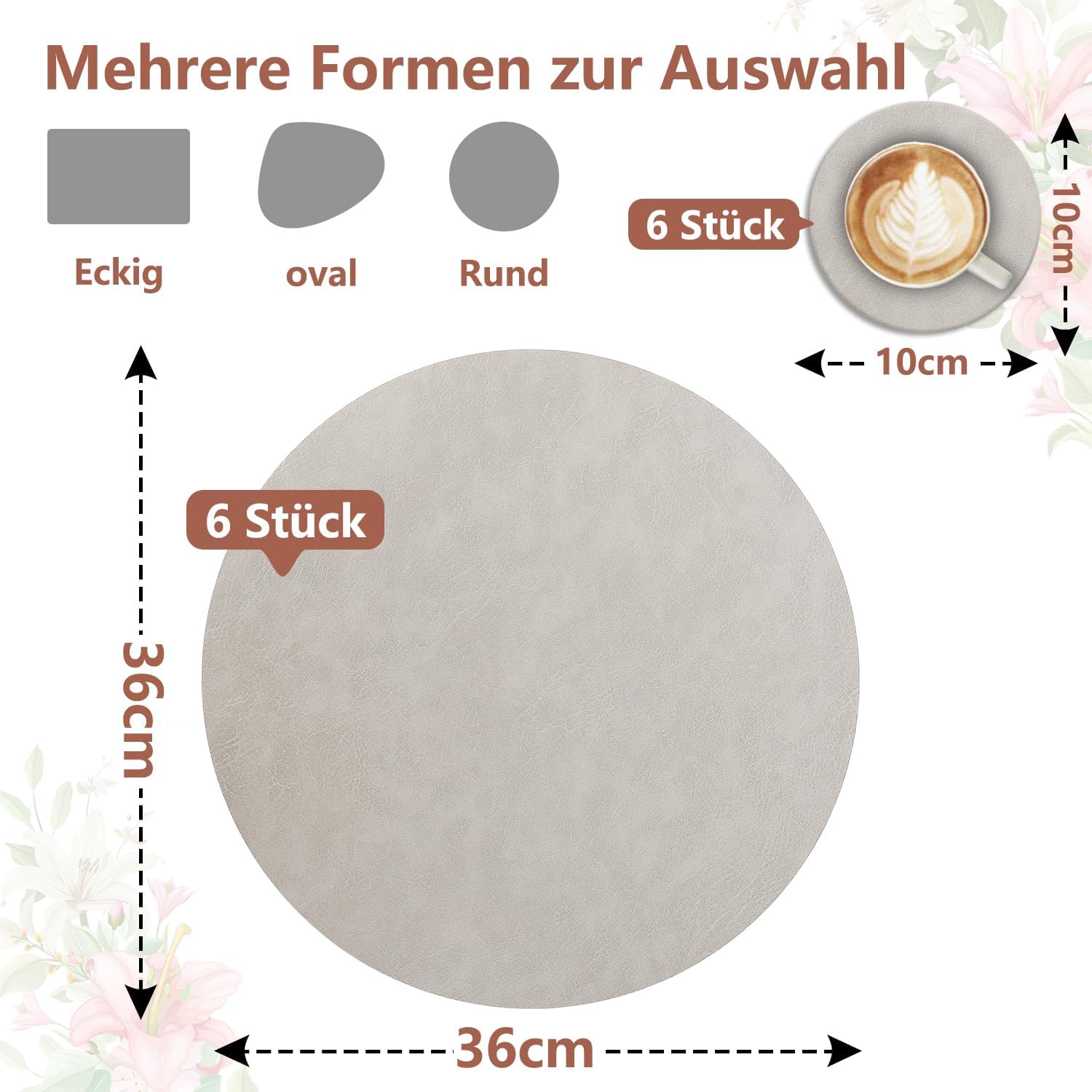 Set de table - lot de 6 rond 36x36cm, lavable, antidérapant, PU double face