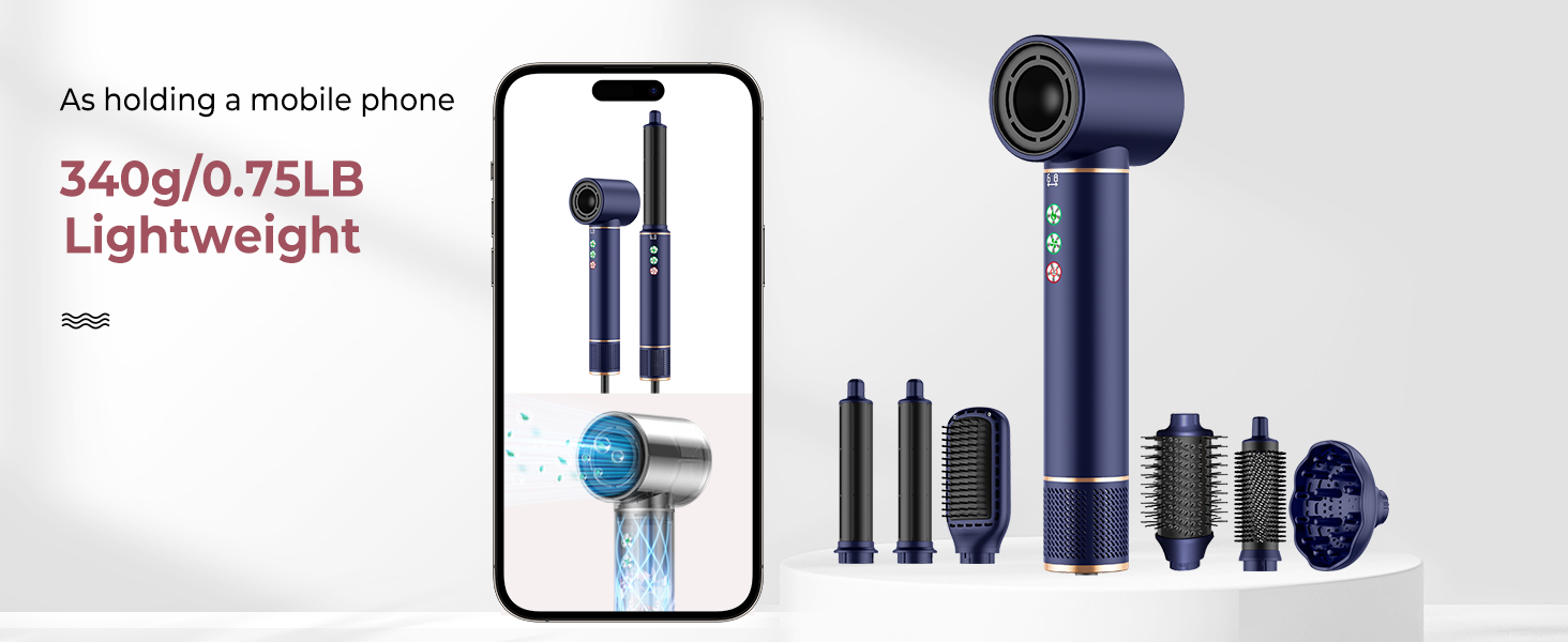 avec plusieurs accessoires, y compris des brosses et des buses concentratrices. Léger à 340 g/0,75 lb. L'image du téléphone montre la fonction de résistance à l'eau