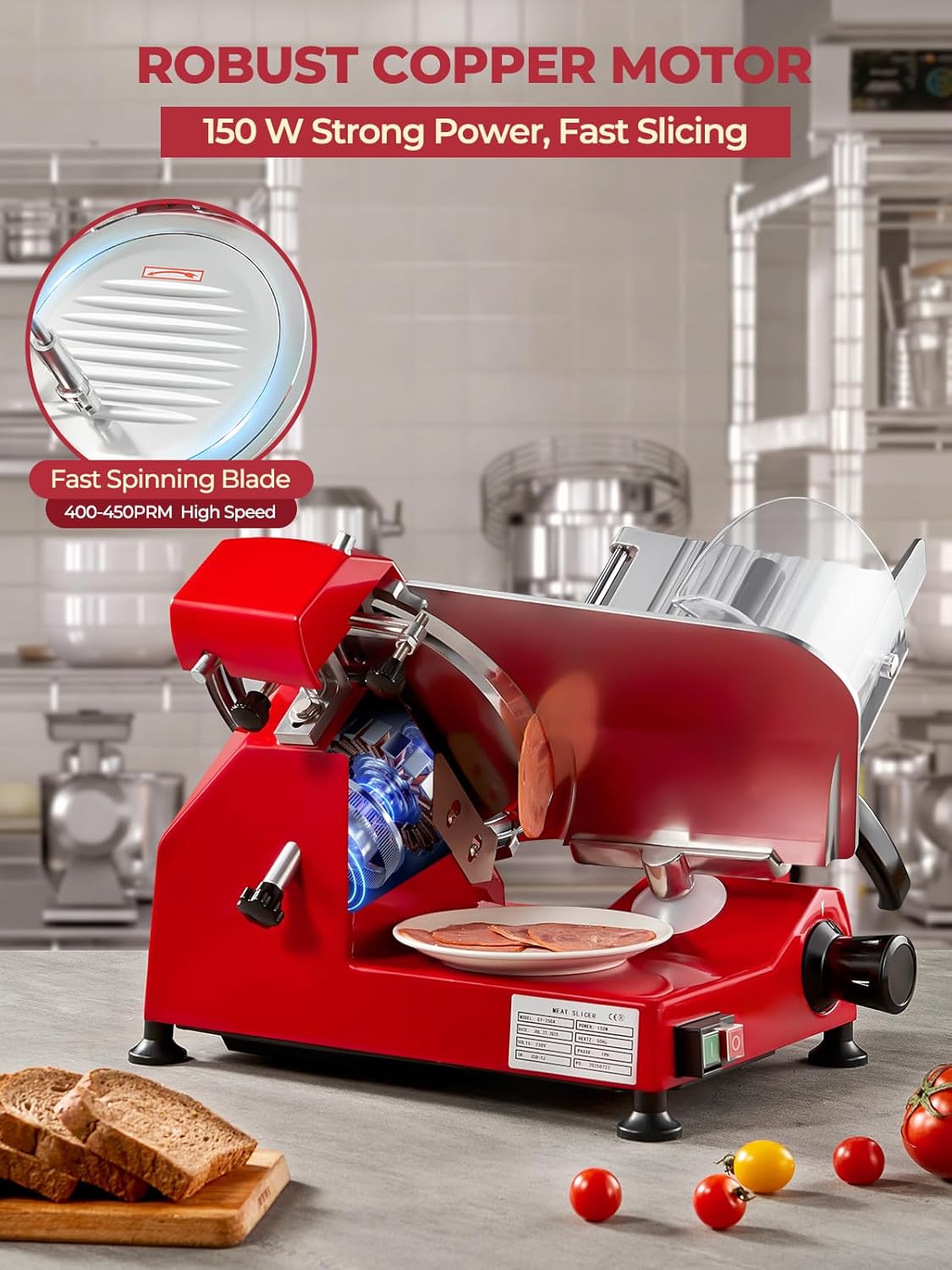 Trancheuse électrique - lame inox 25cm, 150W, épaisseur réglable, affûteur intégré